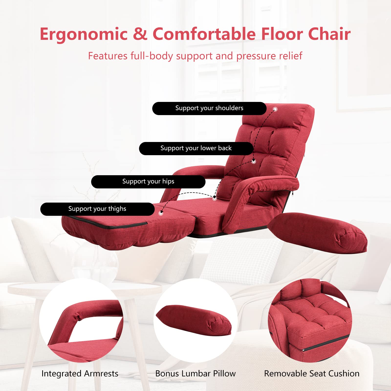 Adjustable Floor Chair, Folding Lazy Sofa Chair with 5 Positions, Detachable Seat Cushion