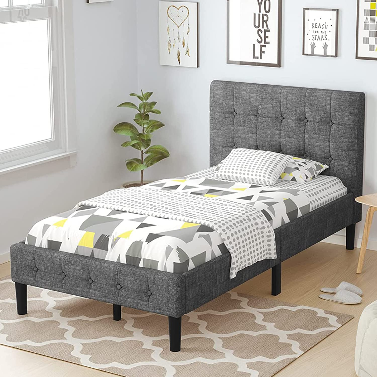 Upholstered Bed Frame with Button Tufted Headboard
