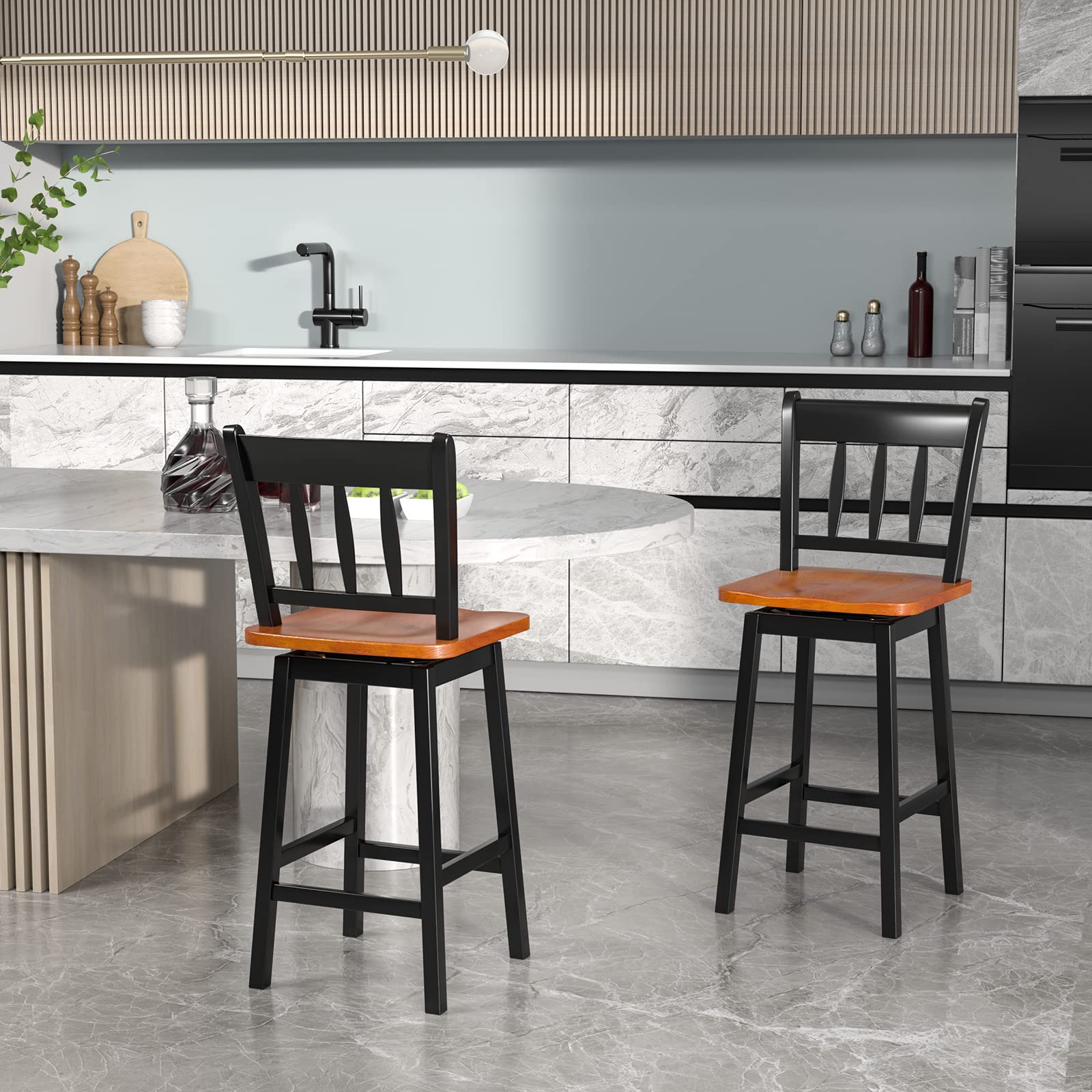 24.5 Inch Solid Rubber Wood Bar Stools Set of 2/4 with 360 &deg;Swiveling, Footrest