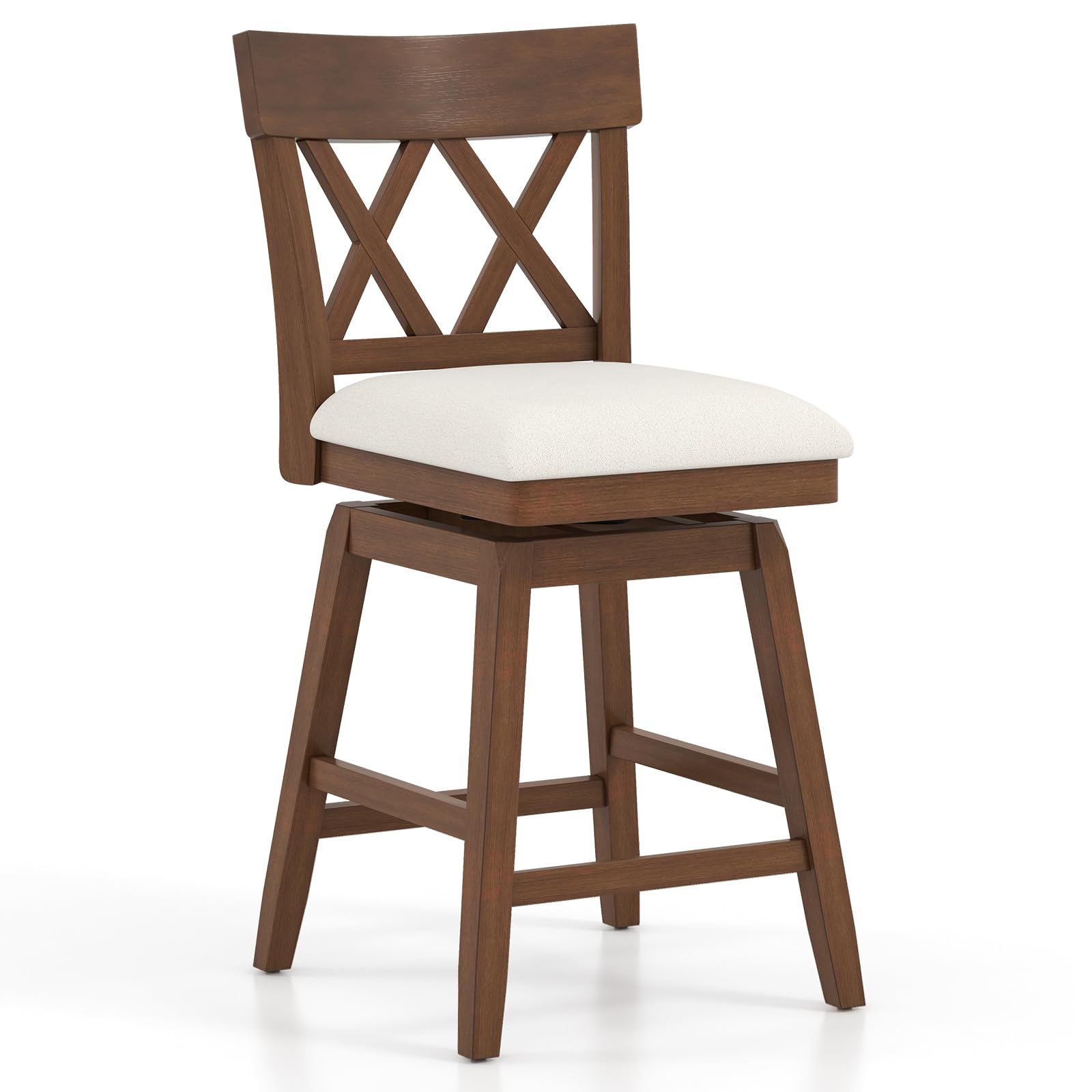 Swivel Counter Height Bar Stool with Contoured Backrest, Padded Seat & Rubber Wood Legs