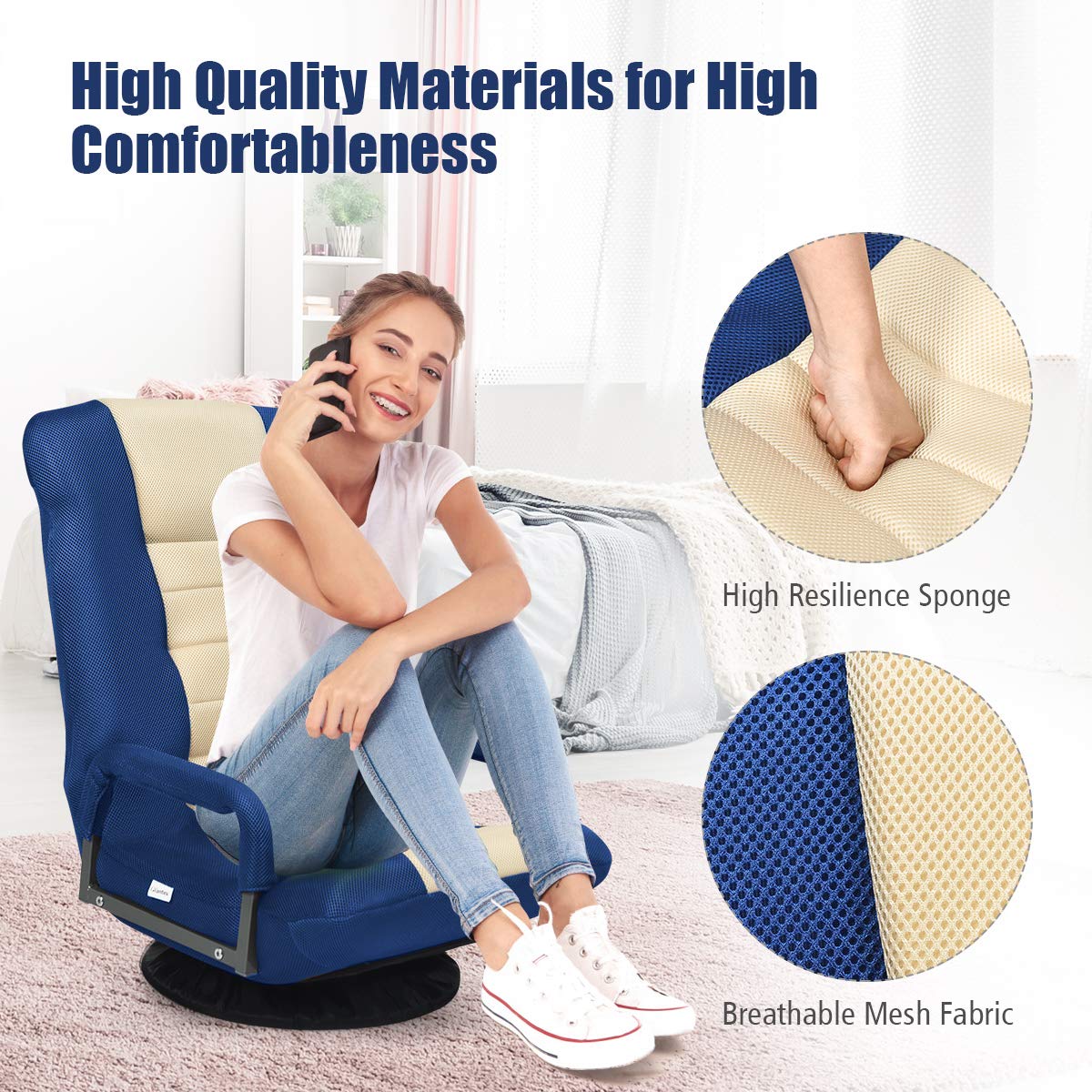 360-Degree Foldable Swivel Gaming Floor Chair With 6 Adjustable Position, Armrests, Padded Backrest