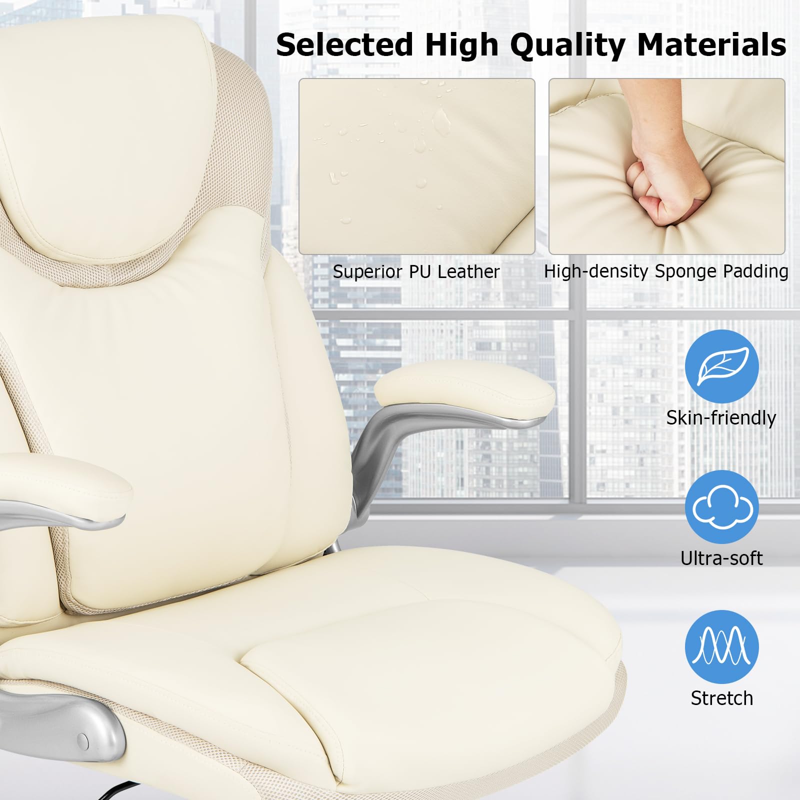 Executive Office Chair, PU Leather Ergonomic Desk Chair with Flip-up Armrests and Height Adjustable
