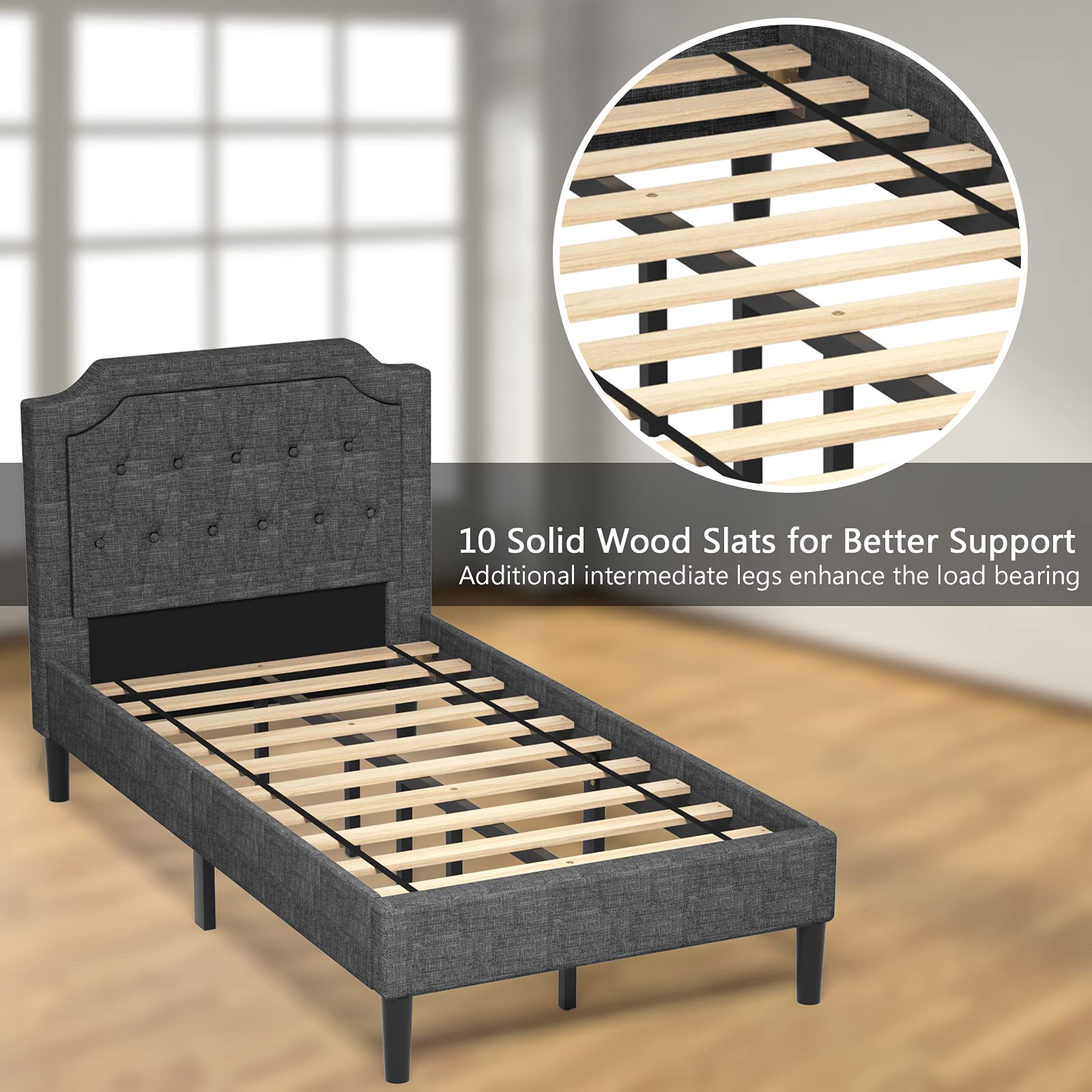Twin Size Upholstered Bed Frame with Button Stitched Headboard