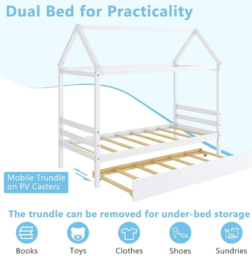 Twin Size Wood House Bed with Trundle and Roof