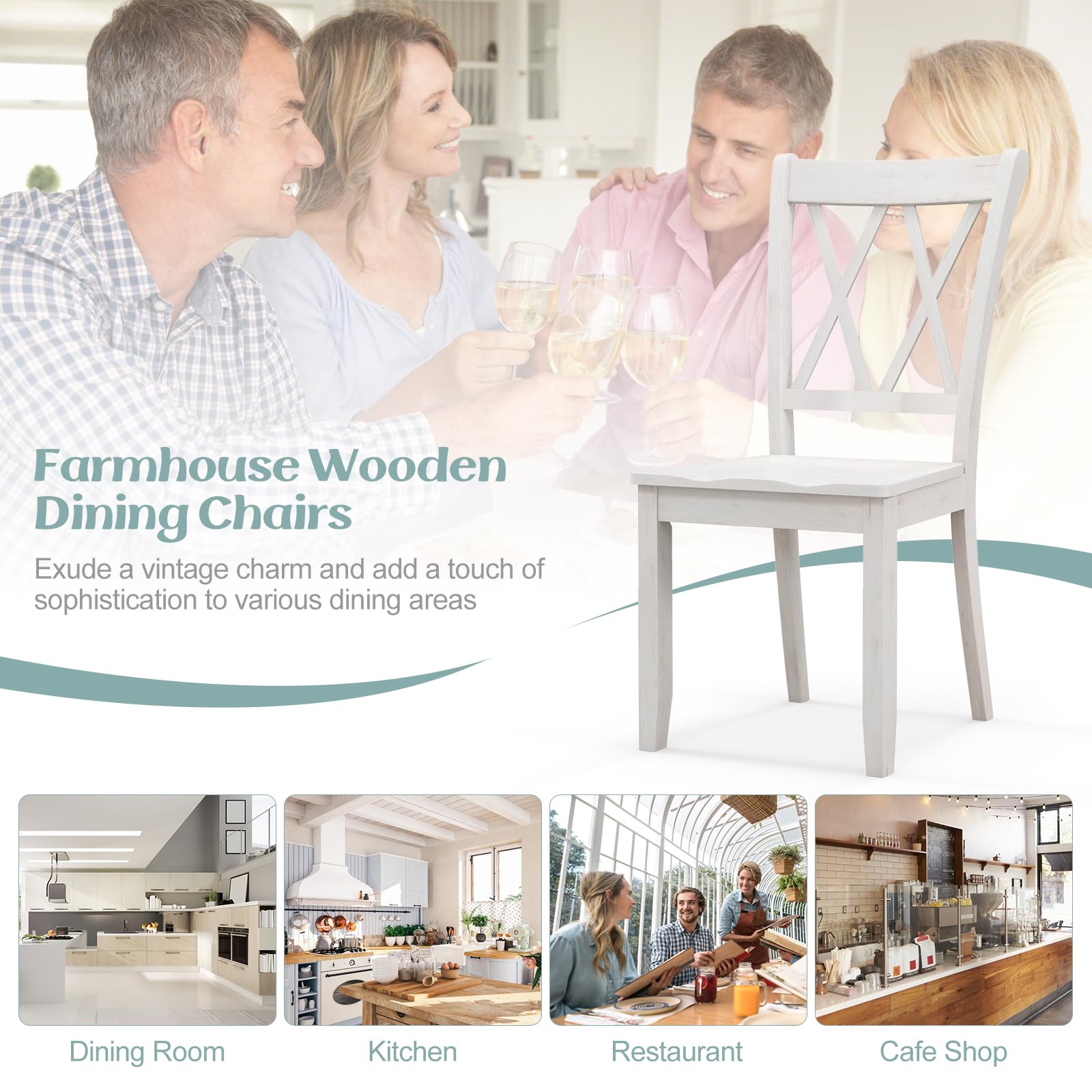 Set of 2/4 Dining Chairs, Rubber Wood Dining Room Chair, Farmhouse Dining Side Chairs