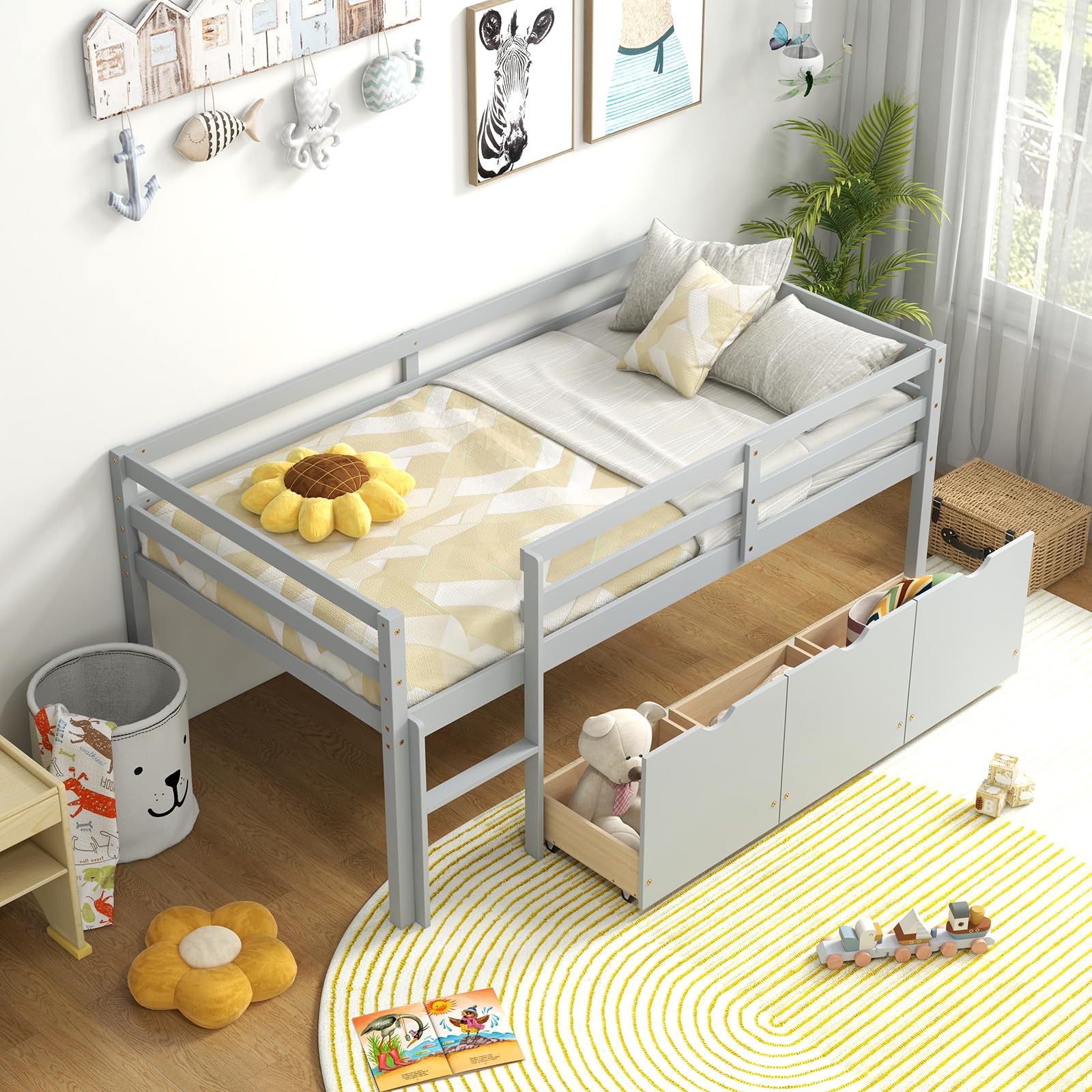 Twin Low Loft Bed with 3 Storage Drawers