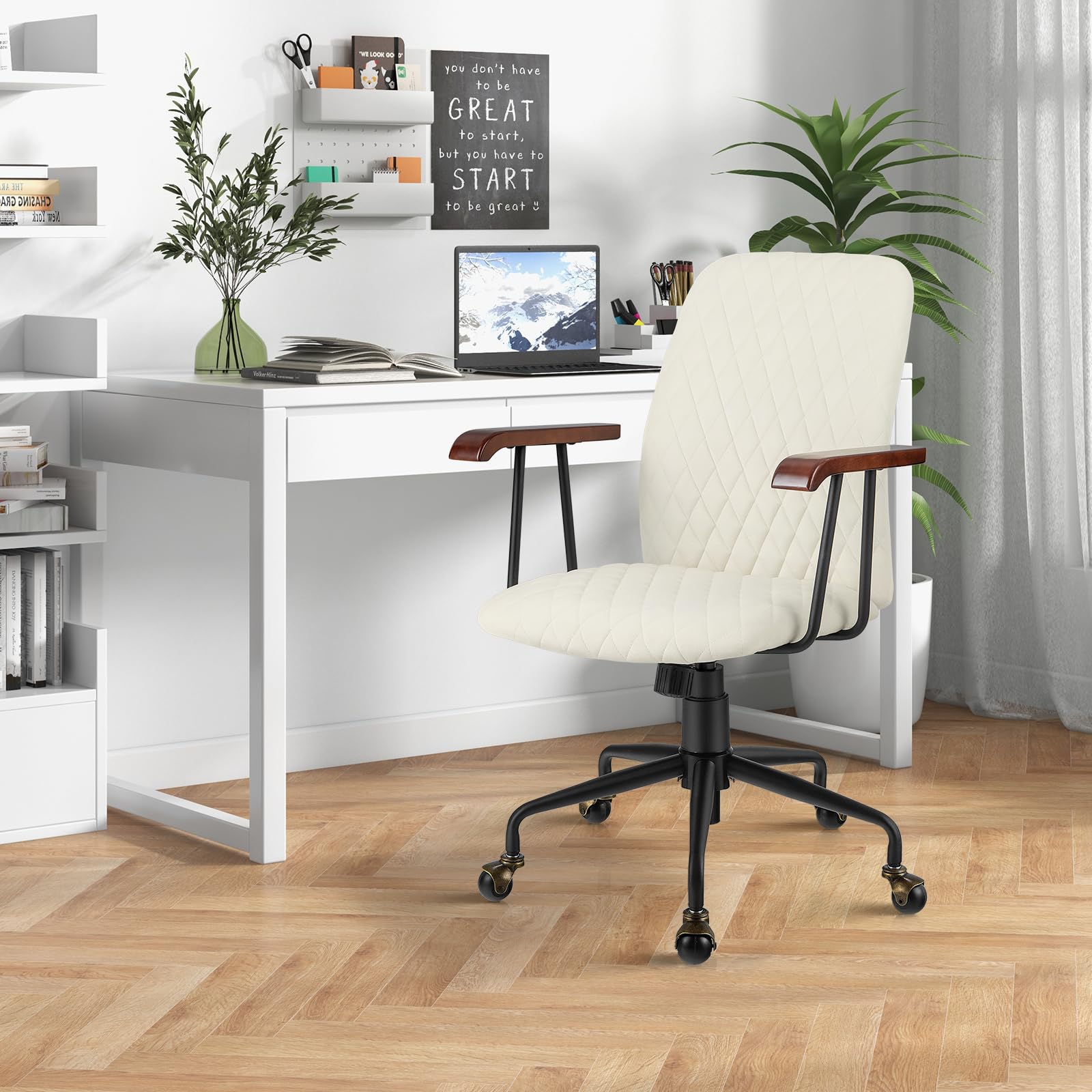 Home Office Desk Chair, Vintage Adjustable Swivel Rolling Chair with Copper Wheels & Armrest