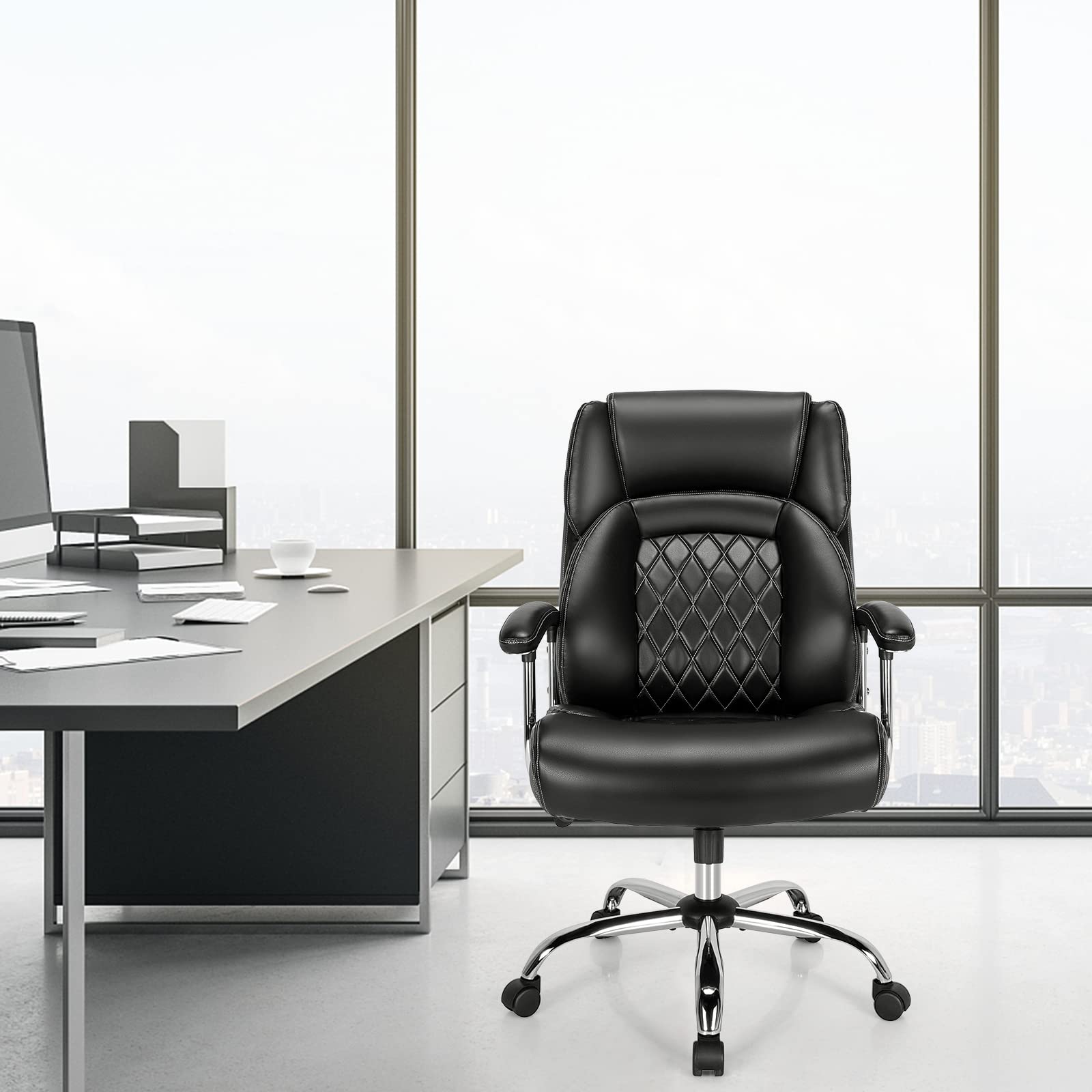 500LBS Big and Tall Office Chair, Wide Seat Large Leather Executive Chair with Heavy Duty Metal Base