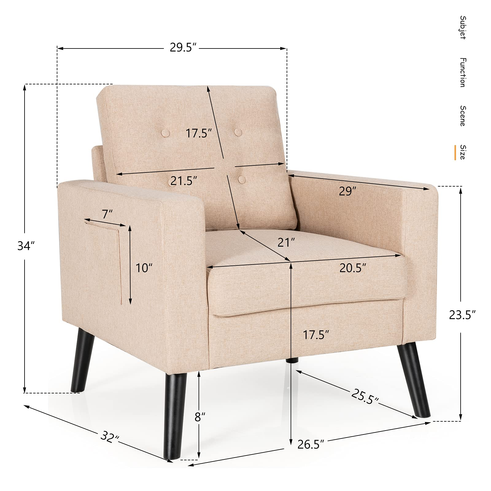Modern Accent Chair, Mid-Century Upholstered Armchair Club Chair with Rubber Wood Legs