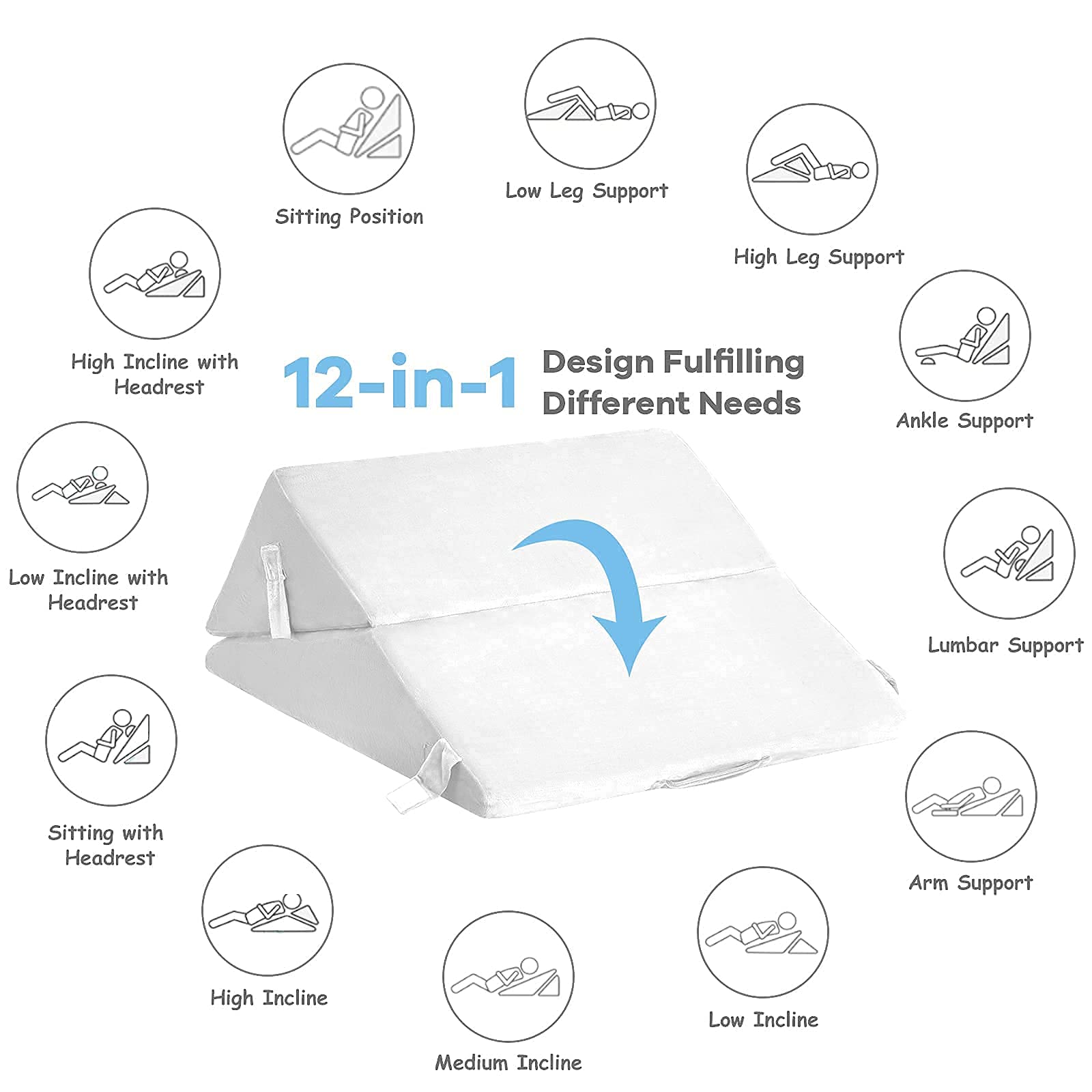 Bed Wedge Pillow with Adjustable Back Support Detachable Headrest, Memory Foam Fill, Soft Washable Cover