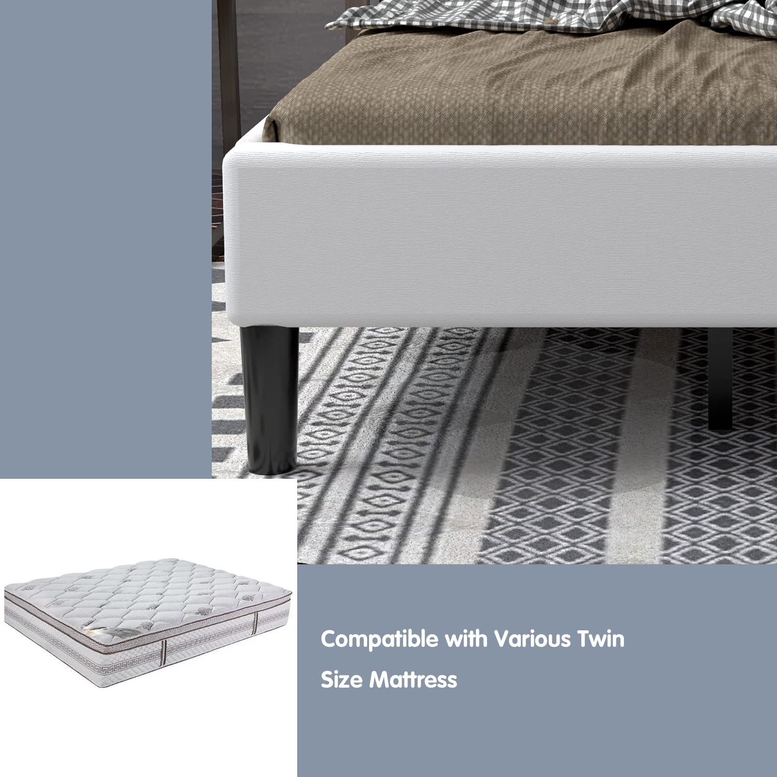 Twin Size Upholstered Bed Frame, Modern Mattress Foundation with Solid Wood Slats Support