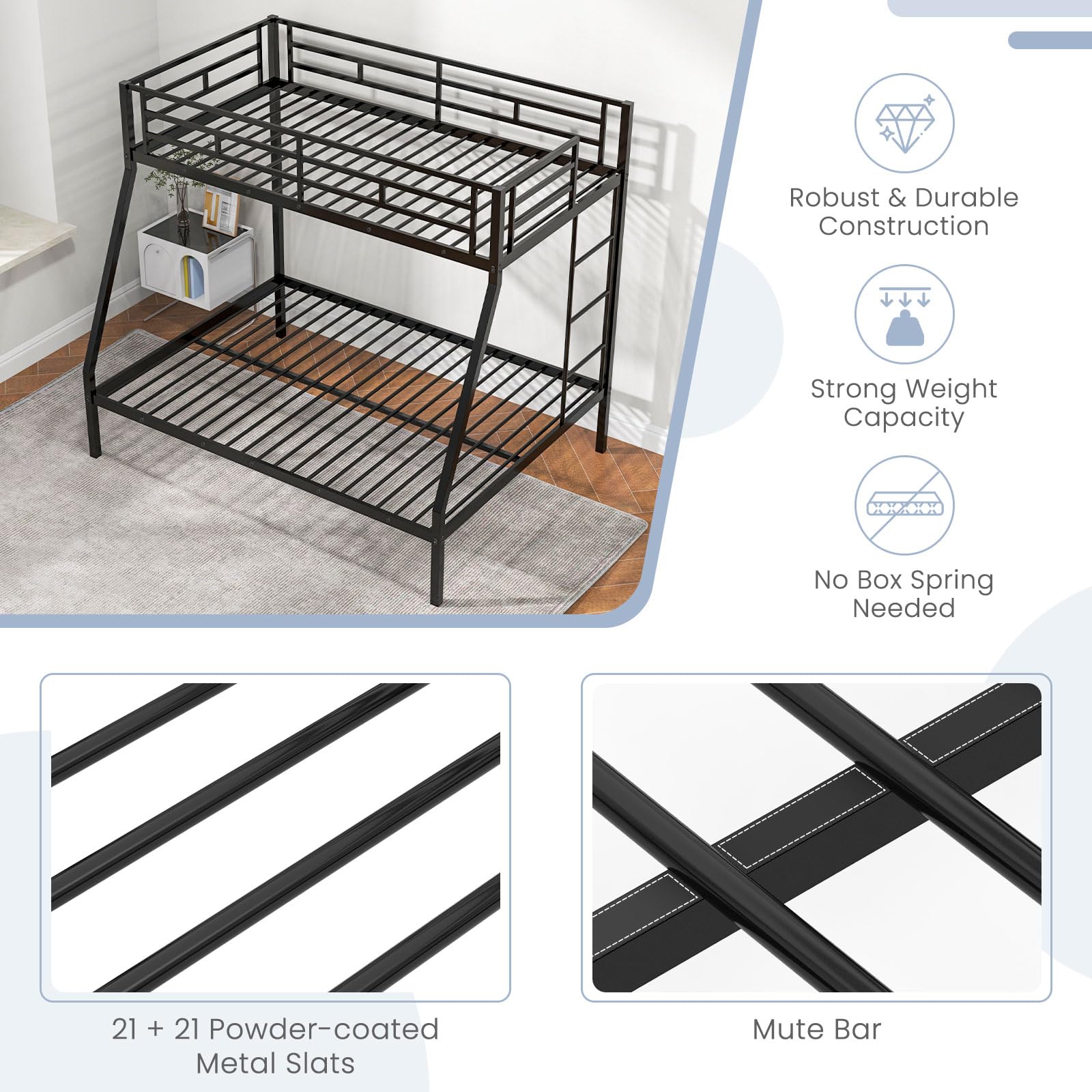 Metal Twin Over Full Bunk Bed, Heavy Duty Bed Frame with Integrated Ladder, Full-Length Guardrails for Teens & Adults
