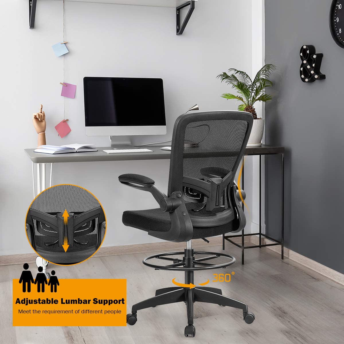 Drafting Chair, Ergonomic Tall Office Chair with Thick Cushion, Flip-up Armrest, Adjustable Back Support & Footrest