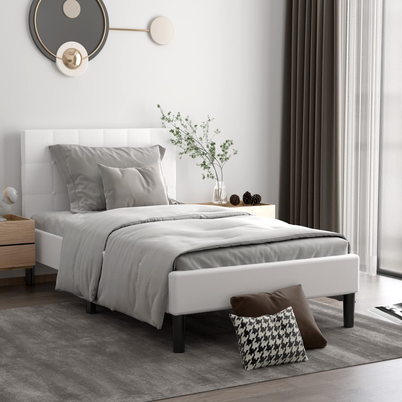 Twin Size Upholstered Bed Frame, Modern Mattress Foundation with Solid Wood Slats Support