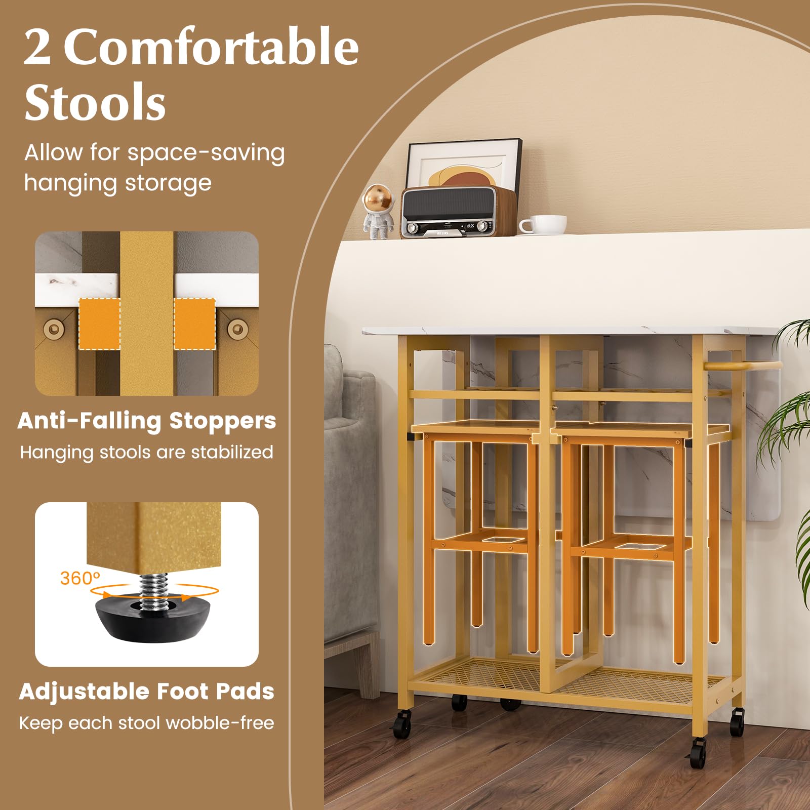 3 Piece Foldable Dining Table Set, Extendable Dining Table & 2 Stools Set w/ 6-Bottle Wine Rack, Shelves & Side Pushing Handle