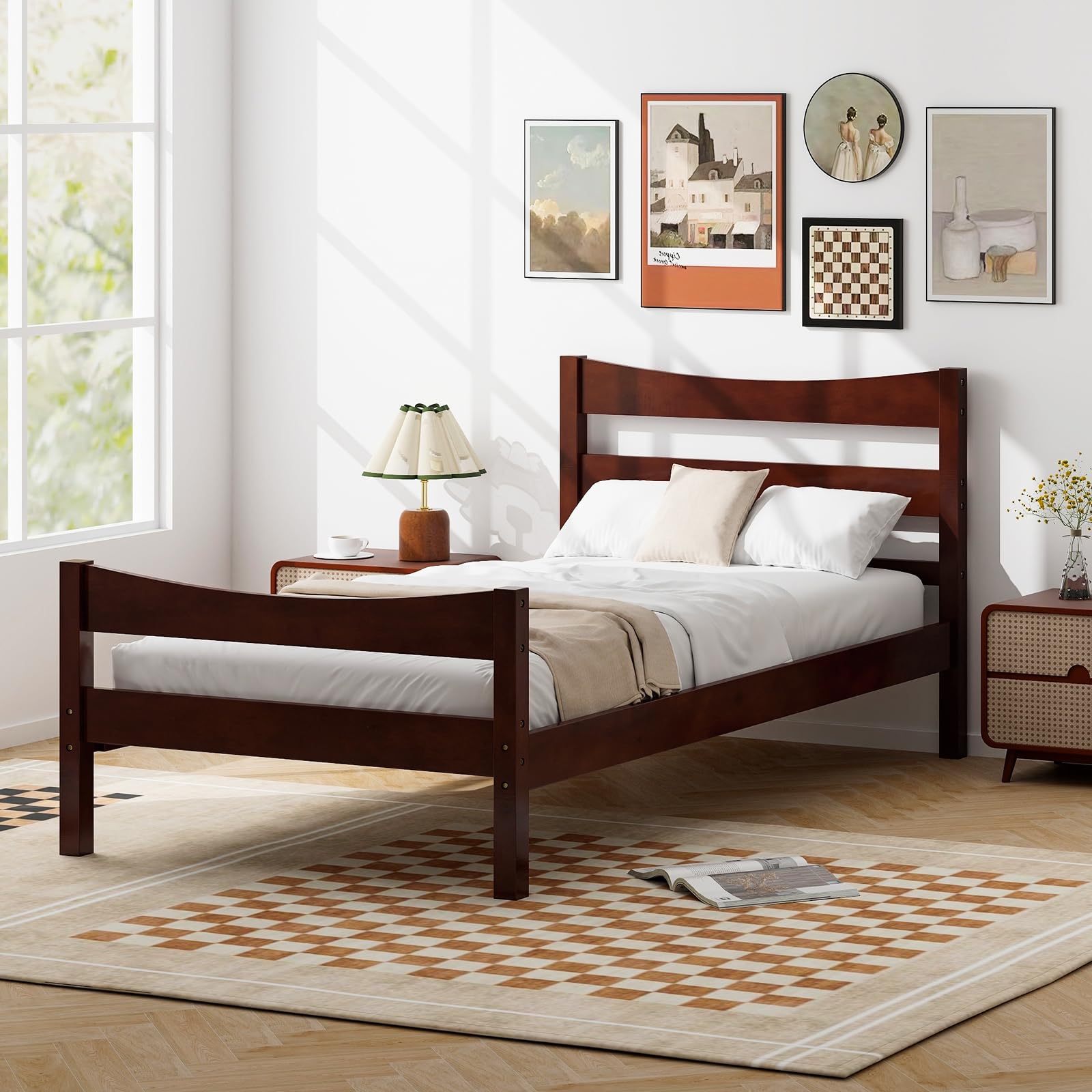 Twin Size Wood Bed Frame, Rustic Style Platform Bed w/Headboard & Footboard