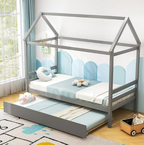 Twin Size Wood House Bed with Trundle and Roof