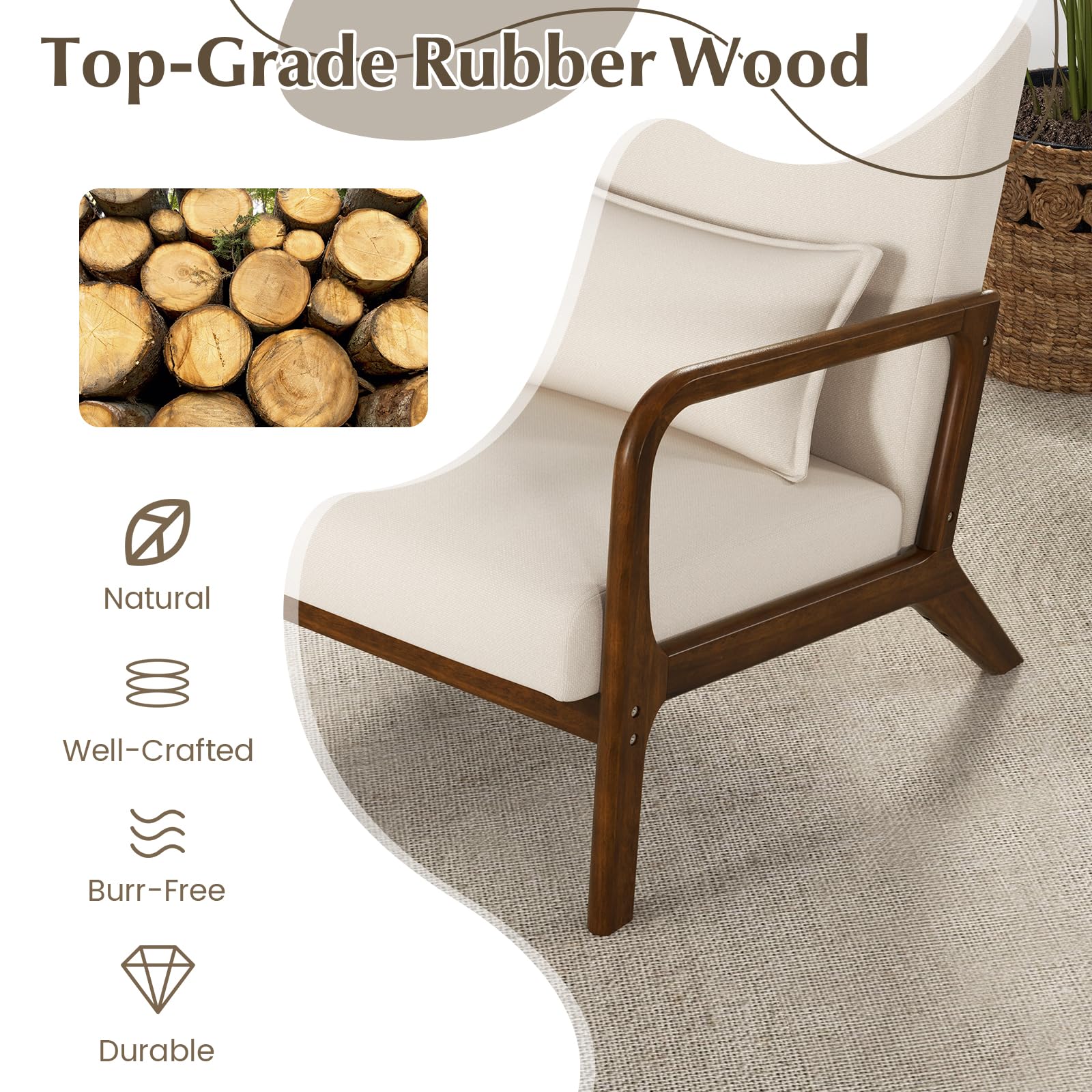 Mid Century Modern Chair, Indoor Living Room Leisure Accent Chair with Cushioned Seat & Back