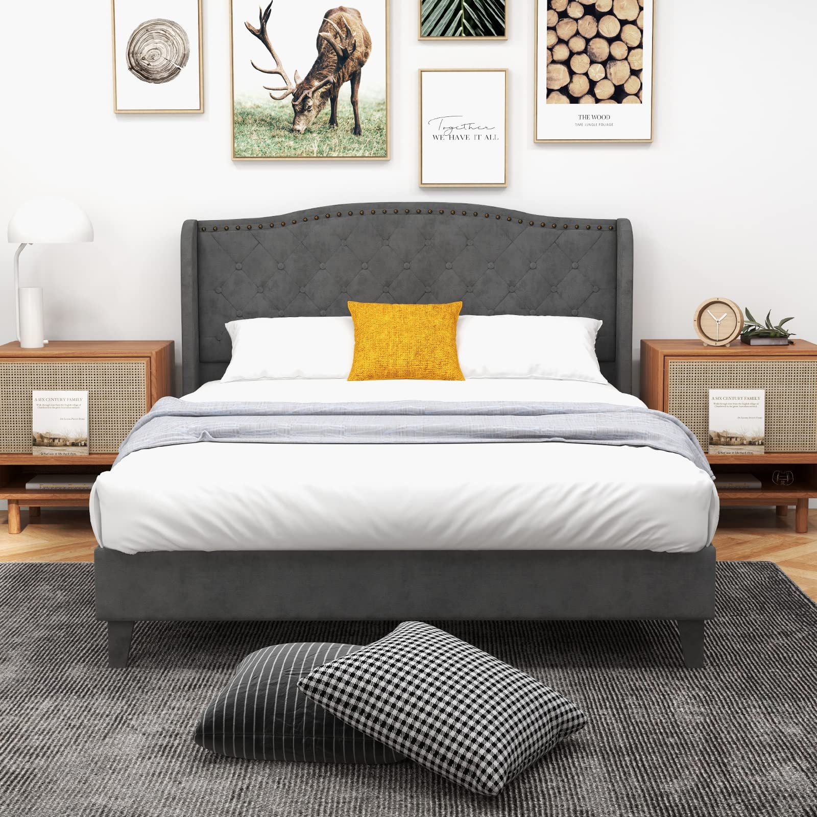 Full/Queen Size Velvet Upholstered Platform Bed Frame with Button Tufted Headboard