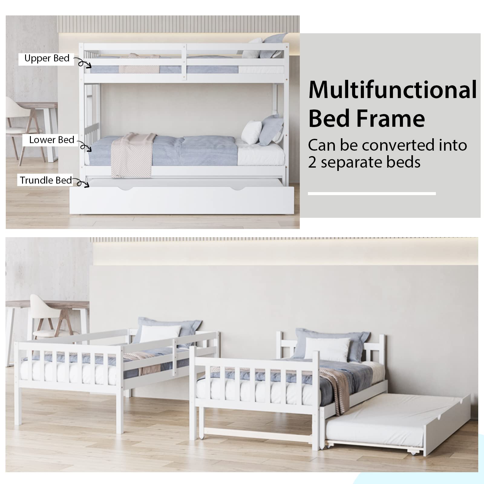 Twin Over Full Bunk Bed with Trundle,  Extendable Twin/Full/Queen/King Bunk Bed