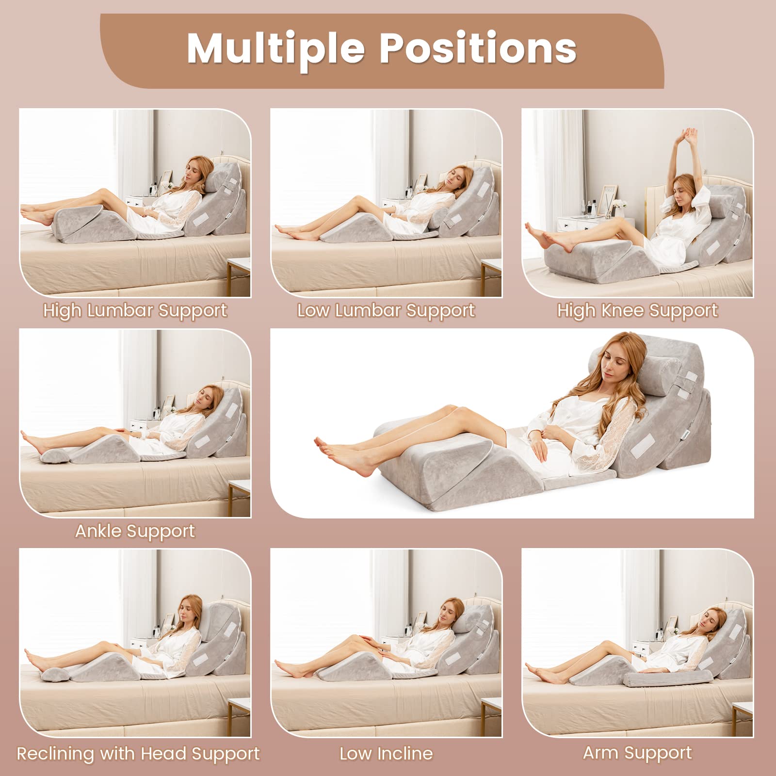 6PCS Orthopedic Bed Wedge Pillow Set, Adjustable Pillows for Neck, Back and Leg Pain Relief