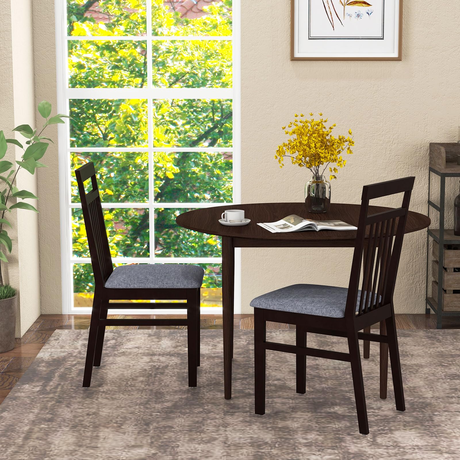 Armless Wood Dining Chairs Set of 2/4 with Cushion Seat,  Solid Rubber Wood Frame