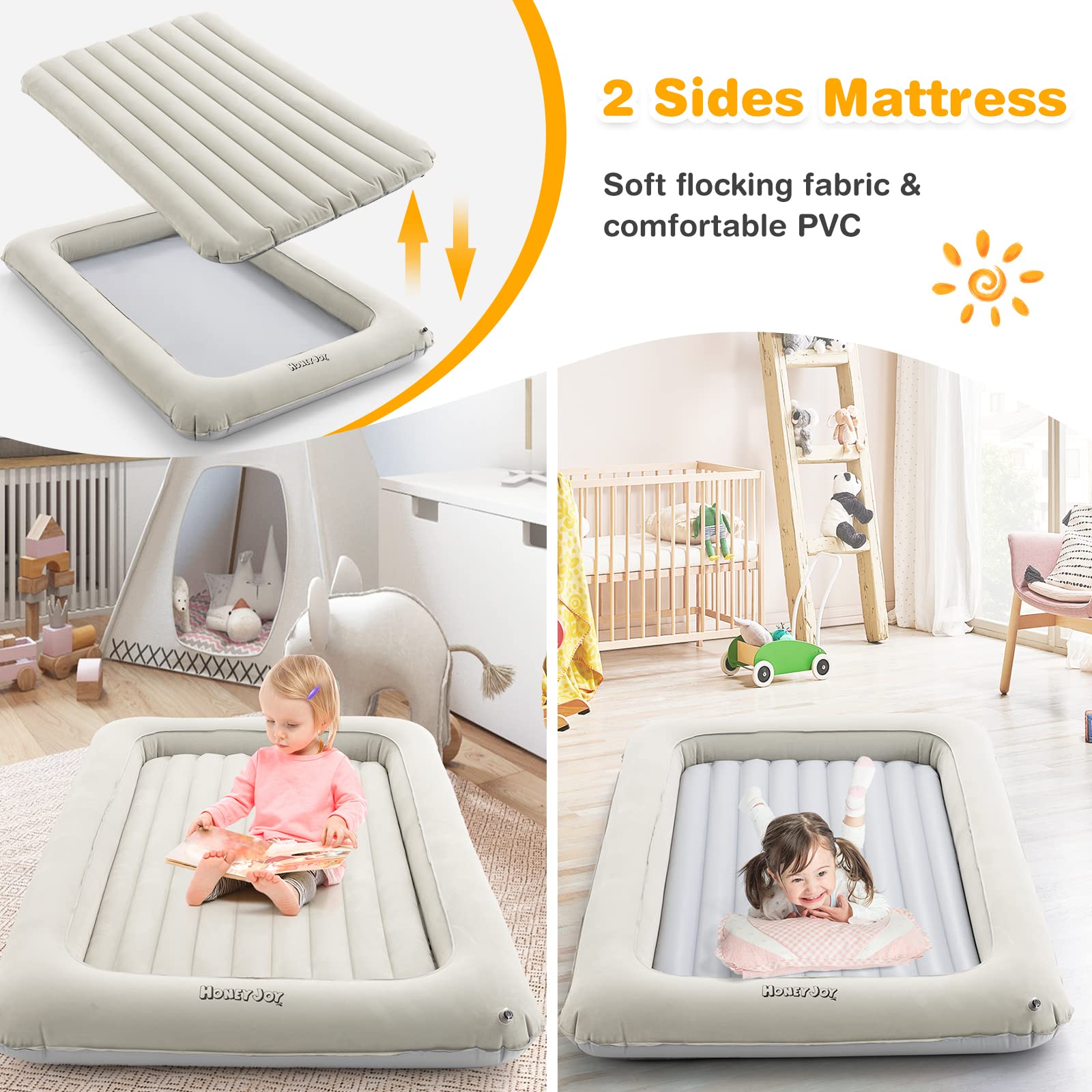 Inflatable Toddler Travel Bed, Kids Blow Up Air Mattress with Sides, Includes Air Pump, Travel Bag