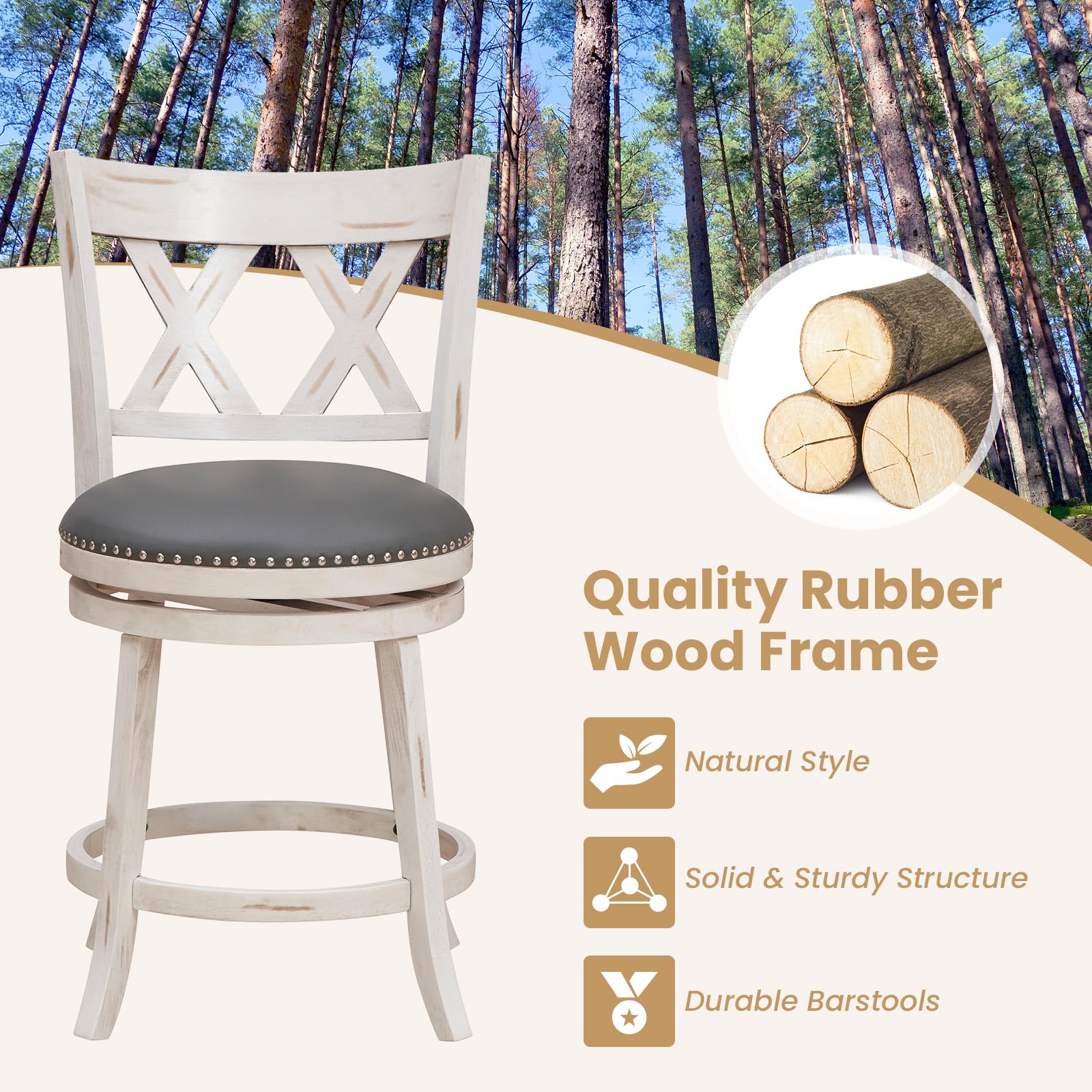25.5" Bar Stools Set of 2/4, Swivel Counter Height Stools with Back, 20" Wide Padded Seat, Rubber Wood Frame