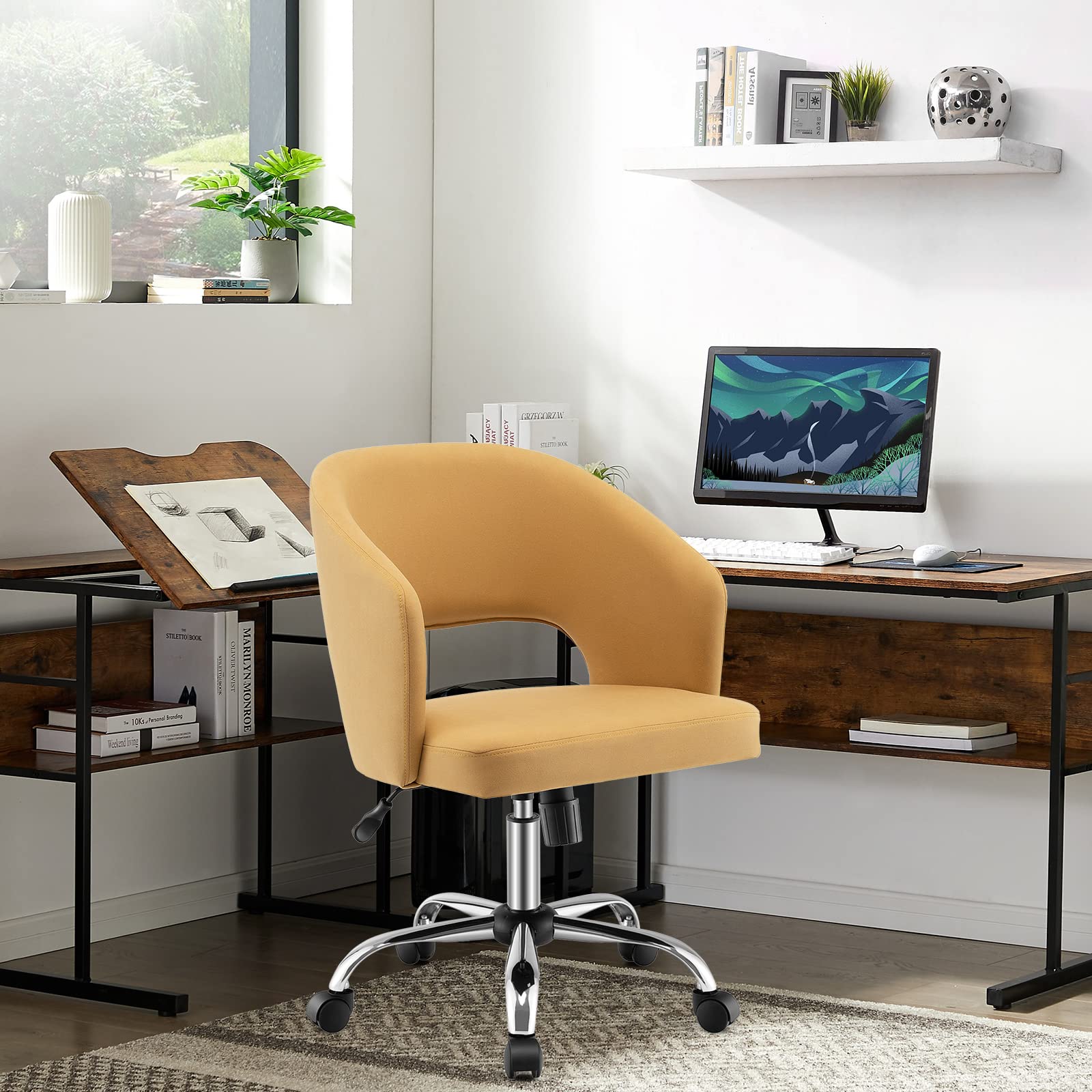 Home Office Desk Chair, Comfy Upholstered Chair with Hollow Design & Height Adjustable