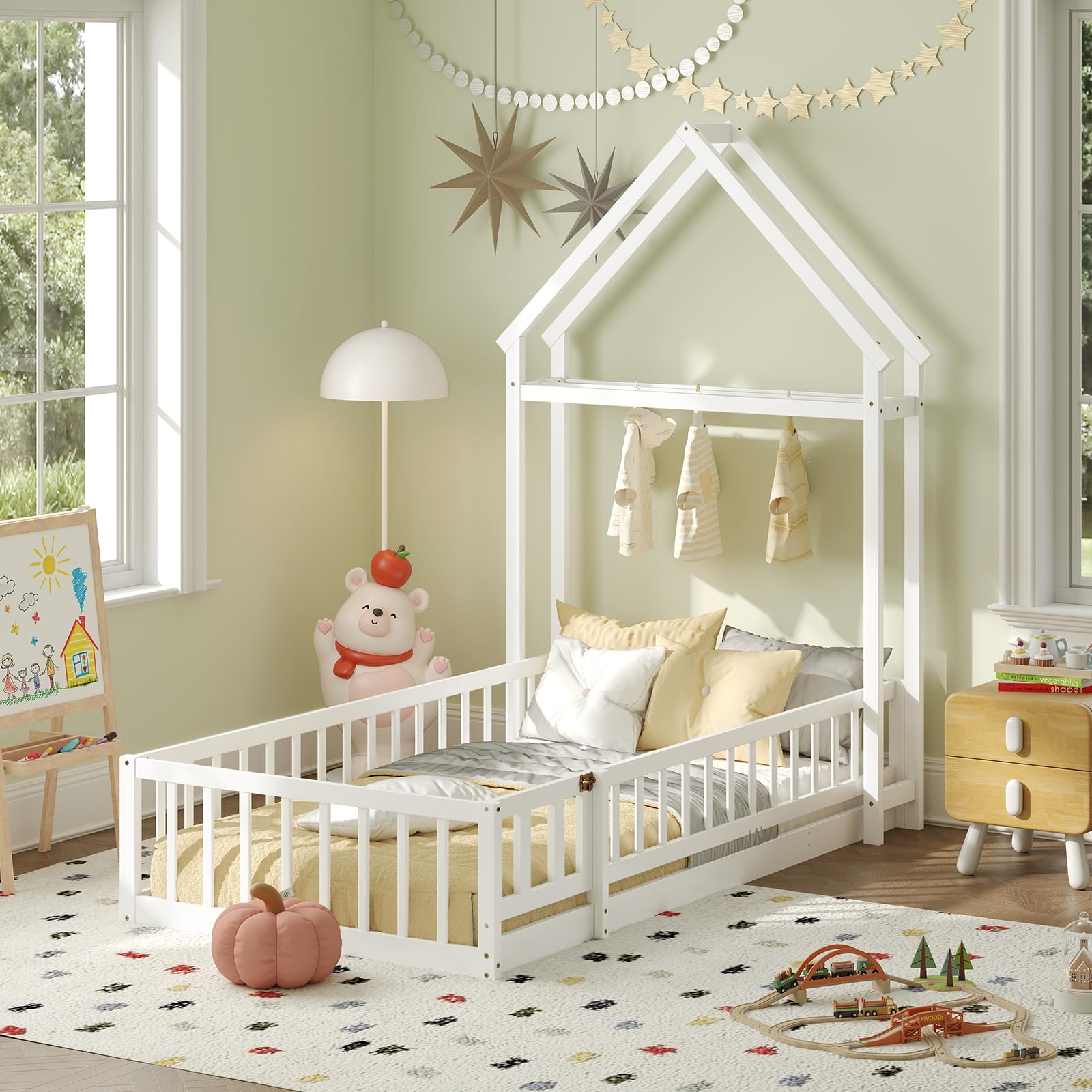 Twin Size Floor Bed with House-Shaped Headboard（Twin with Headboard）