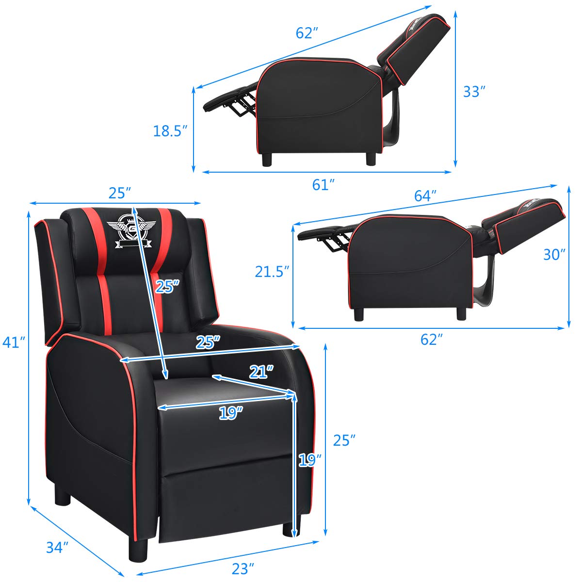 Adjustable Massage Gaming Chairs for Adults w/Footrest, Remote Control & Side Pocket