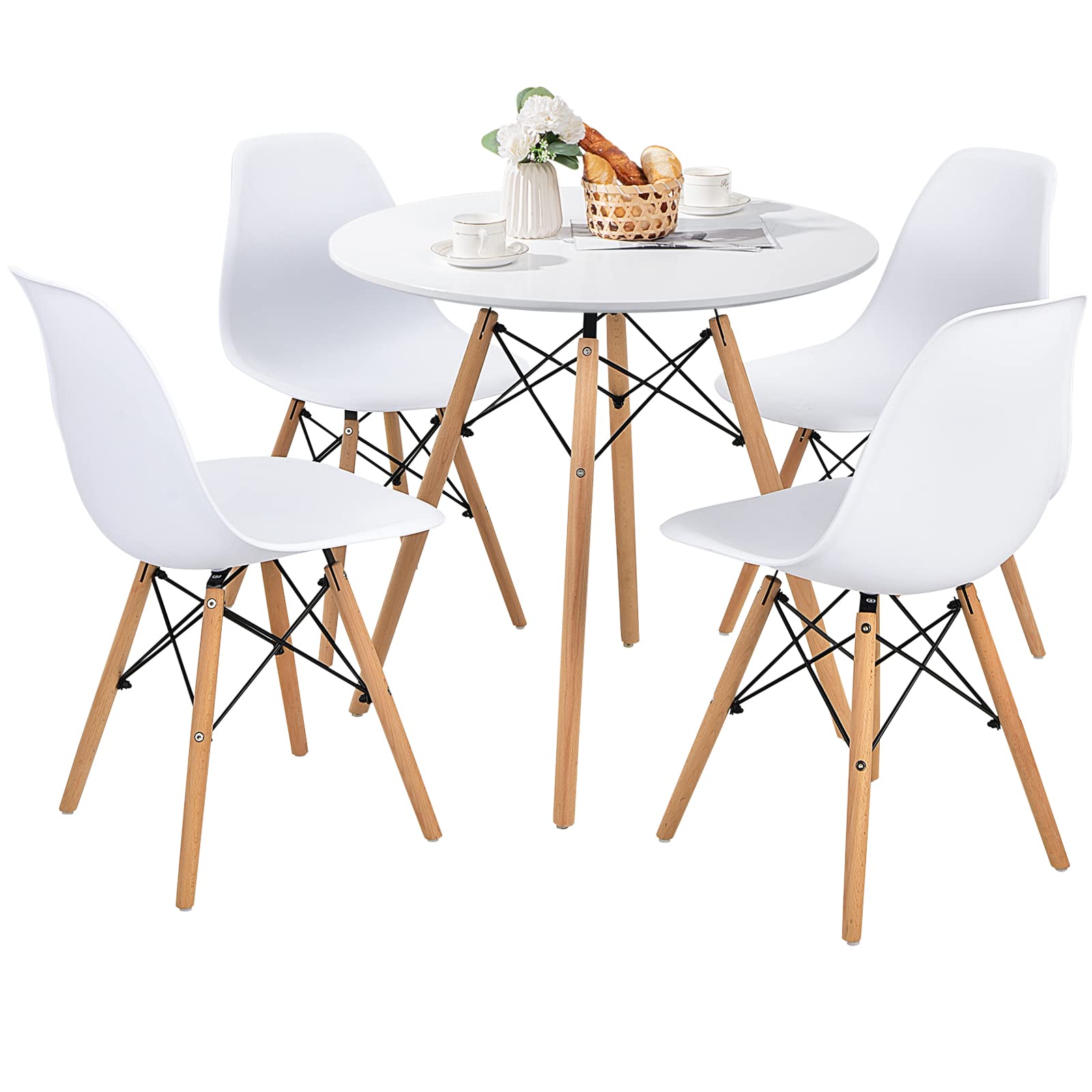 Round Dining Table Set for 4, Modern 31.5" D Dining Table & 4 Dining Chairs with Solid Wood Legs