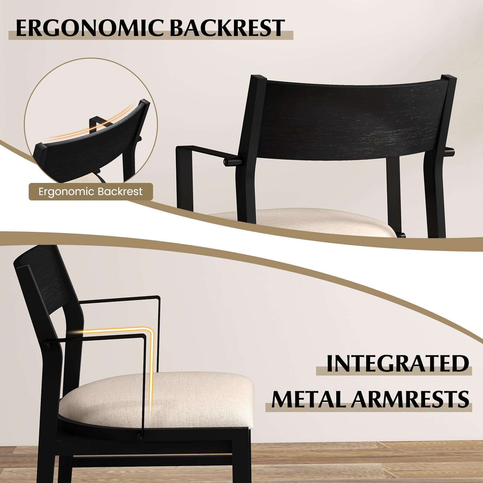 Dining Chairs Set of 2/4 with Padded Seat, Metal Armrest, Solid Rubber Wood Legs