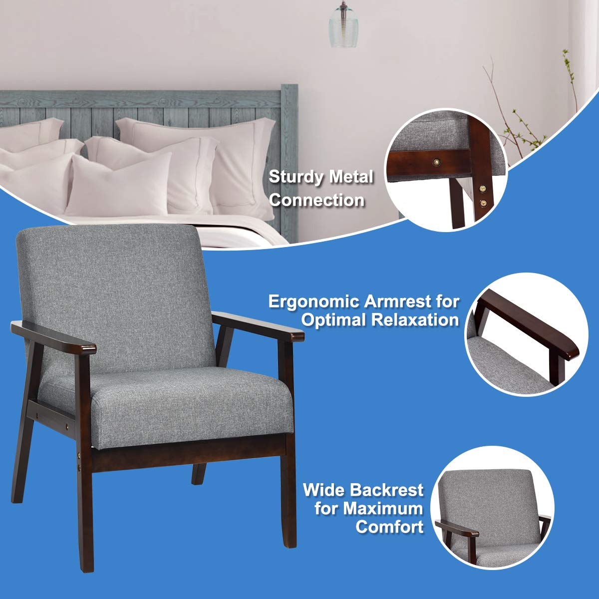 Solid Hardwood Made Mid-Century Modern Accent Chair | Retro Fabric Armchair