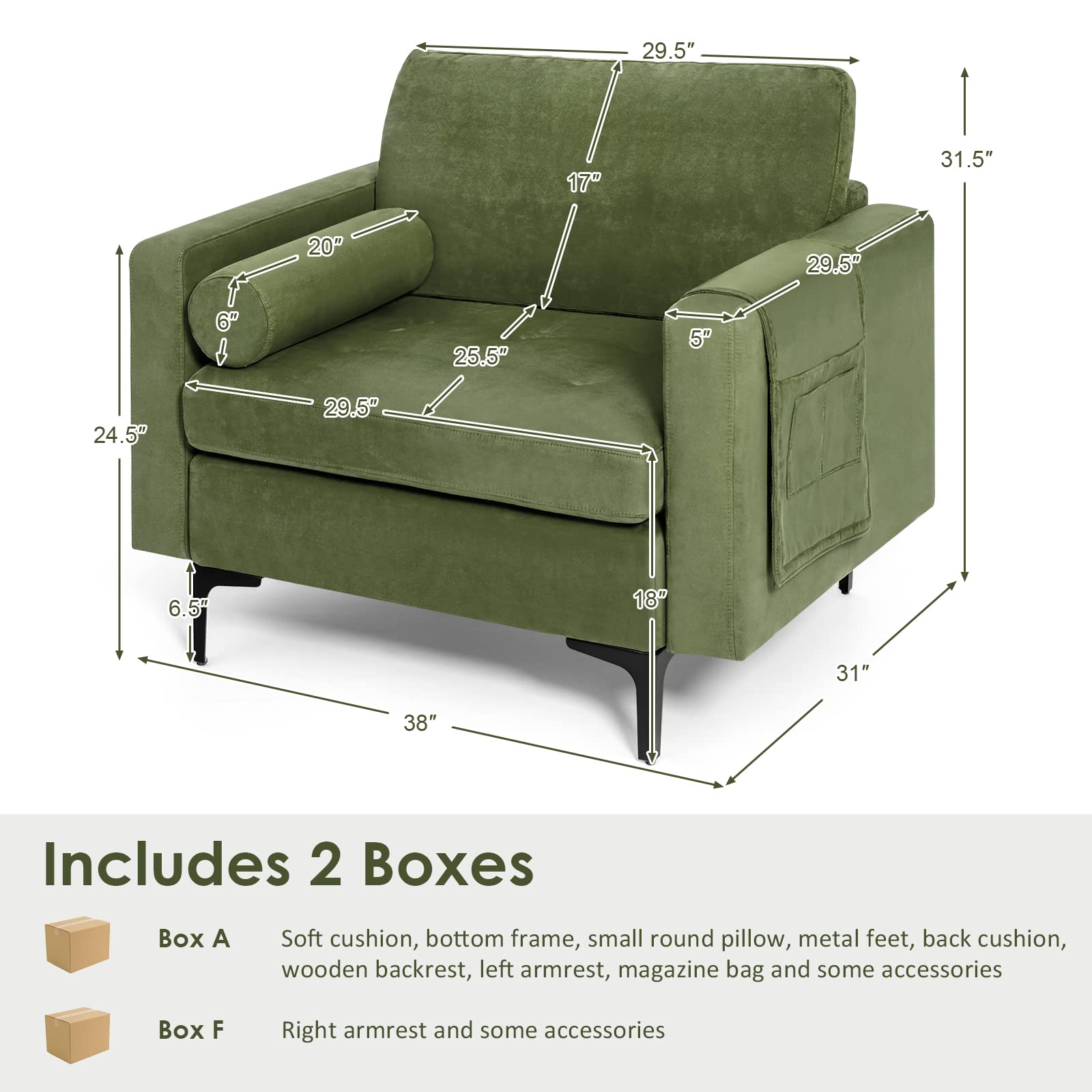Modern Accent Sofa w/Comfy Cushion Bolster for Bedroom Reception Room