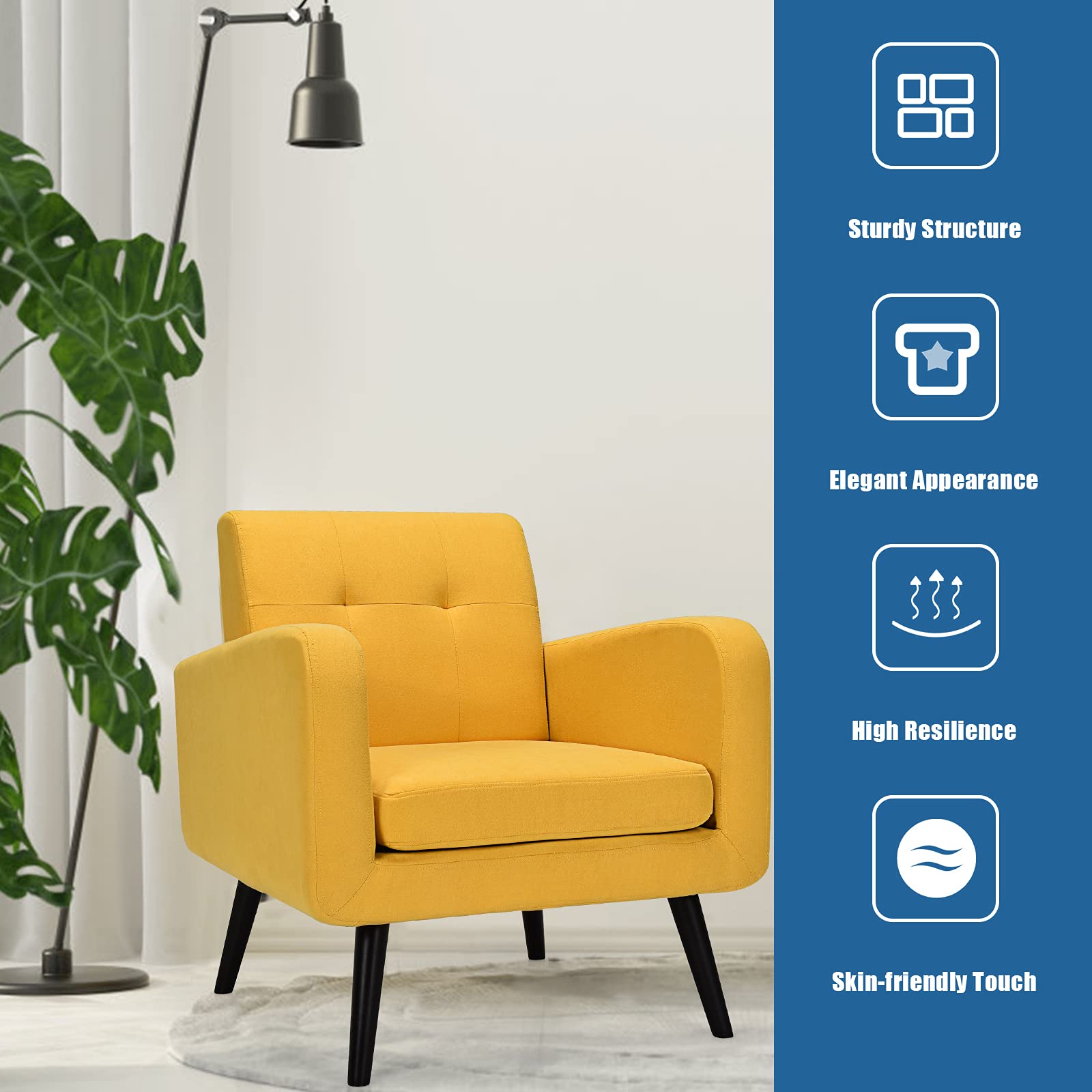 Modern Upholstered Accent Chair w/ Rubber Wood Legs | Linen Fabric Single Sofa