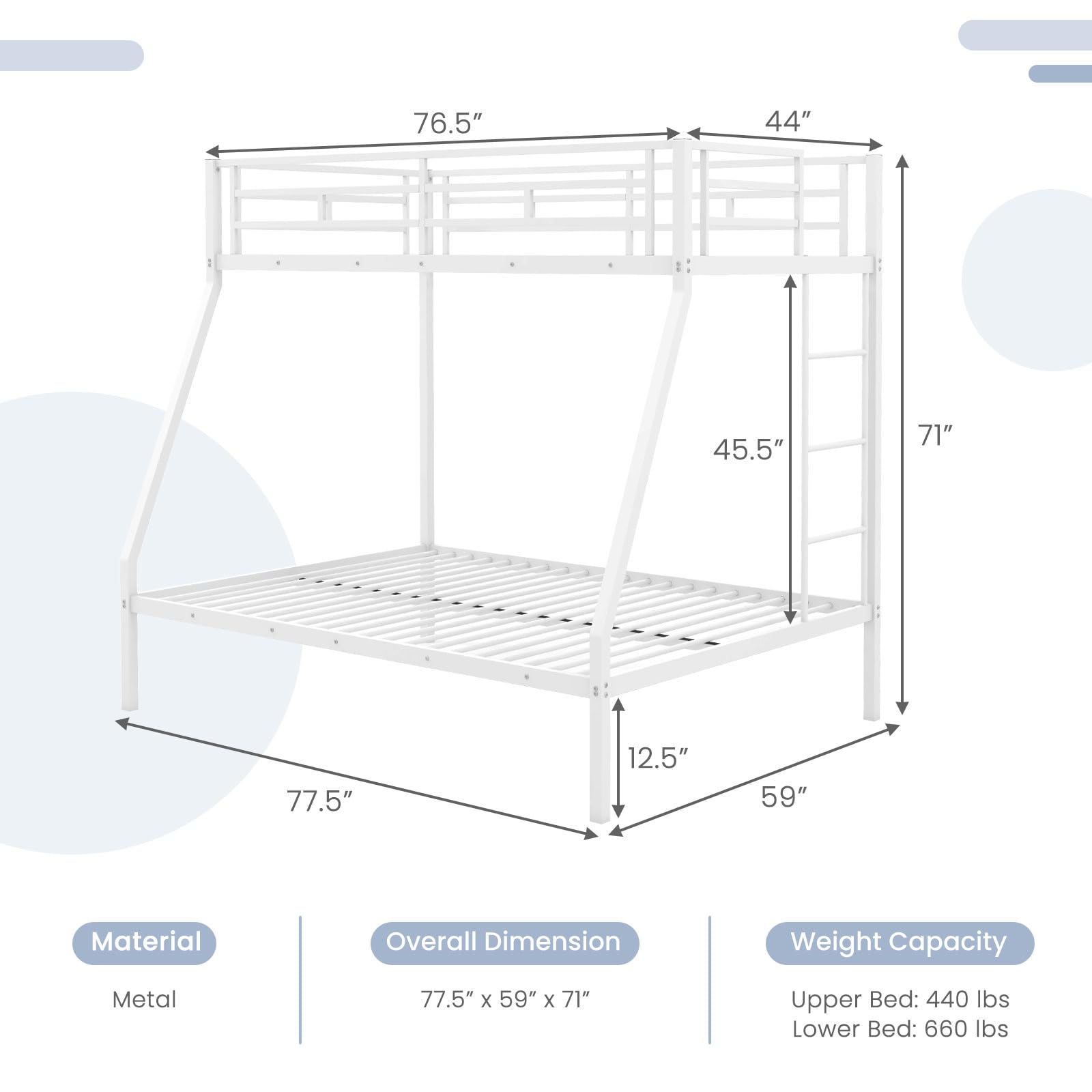 Metal Twin Over Full Bunk Bed, Heavy Duty Bed Frame with Integrated Ladder, Full-Length Guardrails for Teens & Adults