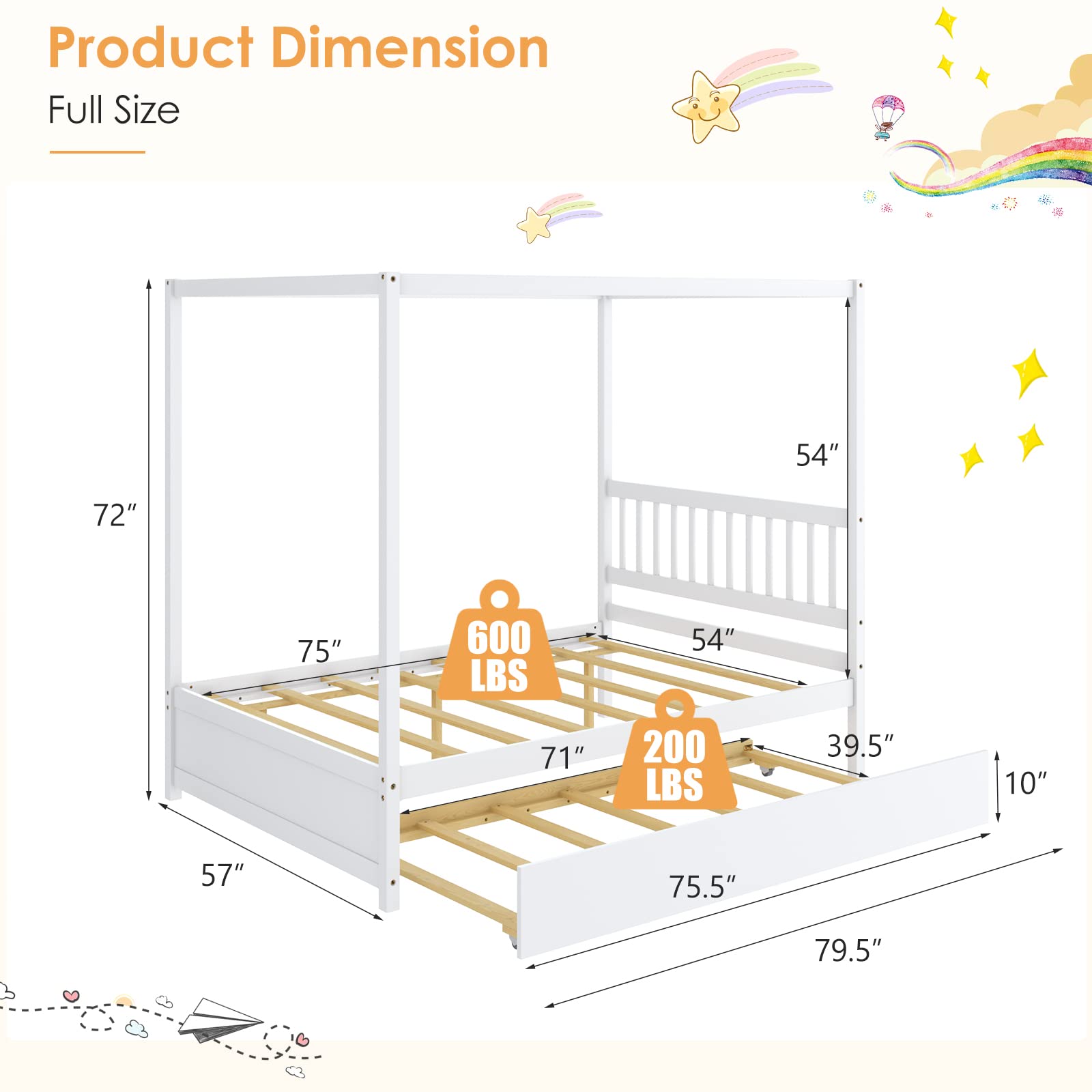 Wood Canopy Bunk Bed with Trundle, Full Size Solid Wood Platform Bed with Headboard