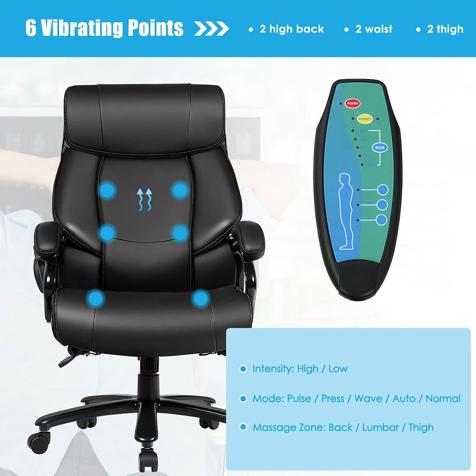 Big and Tall 500lbs Massage Office Chair, Heavy Duty Executive Office Chair with 6 Massage Points
