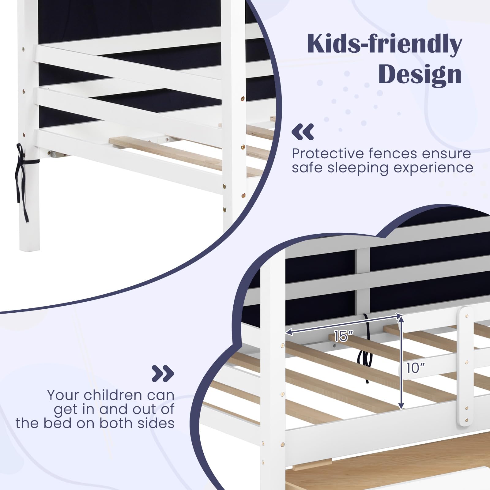 Twin House Bed with Tent, Wood Kids Bed with 2 Storage Drawers, Solid Wood Daybed Frame with Rails and Roof