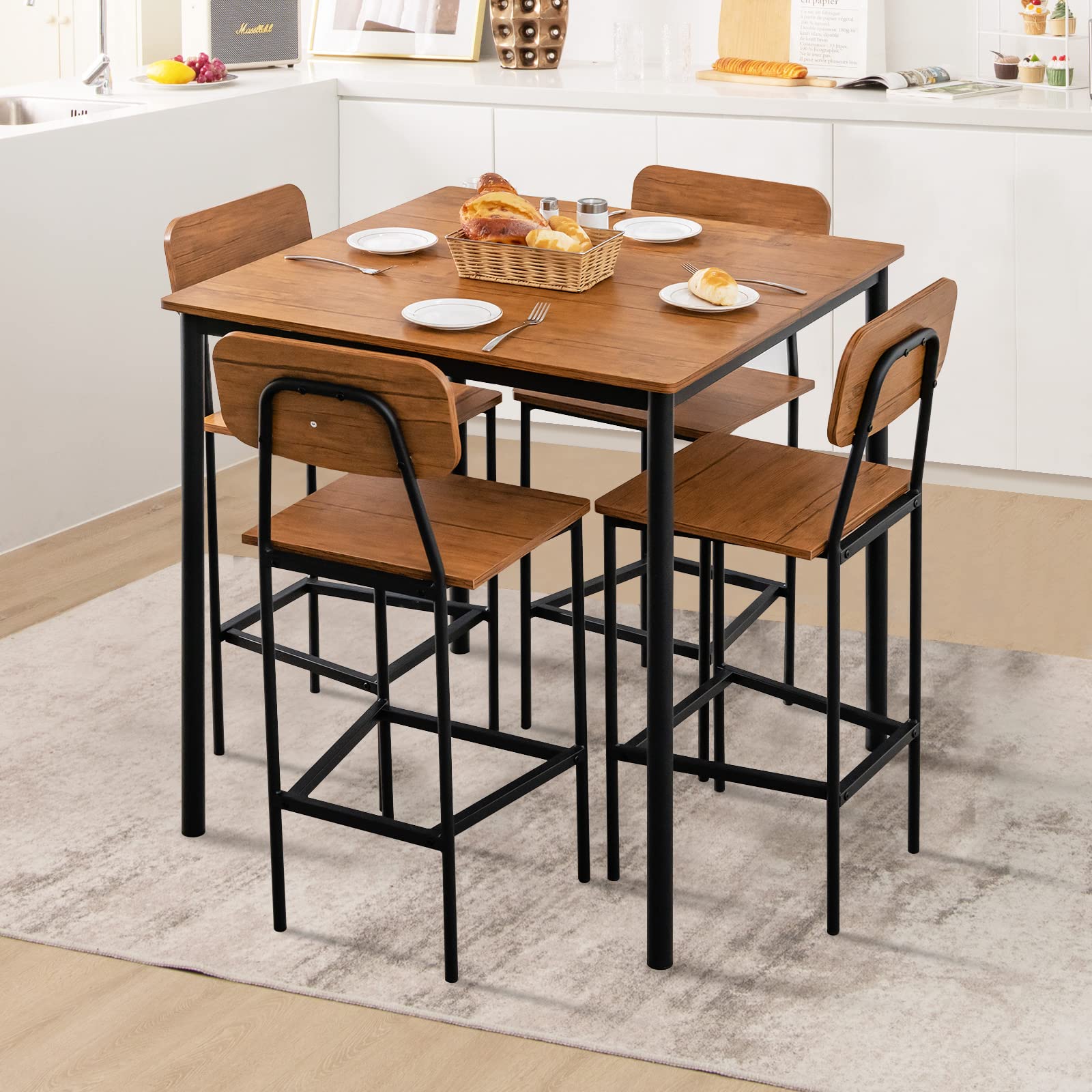 5 Piece Dining Table Set with Counter Height Table & 4 Bar Stools, Industrial Kitchen Dining Table Set  with Footrest & Backrest