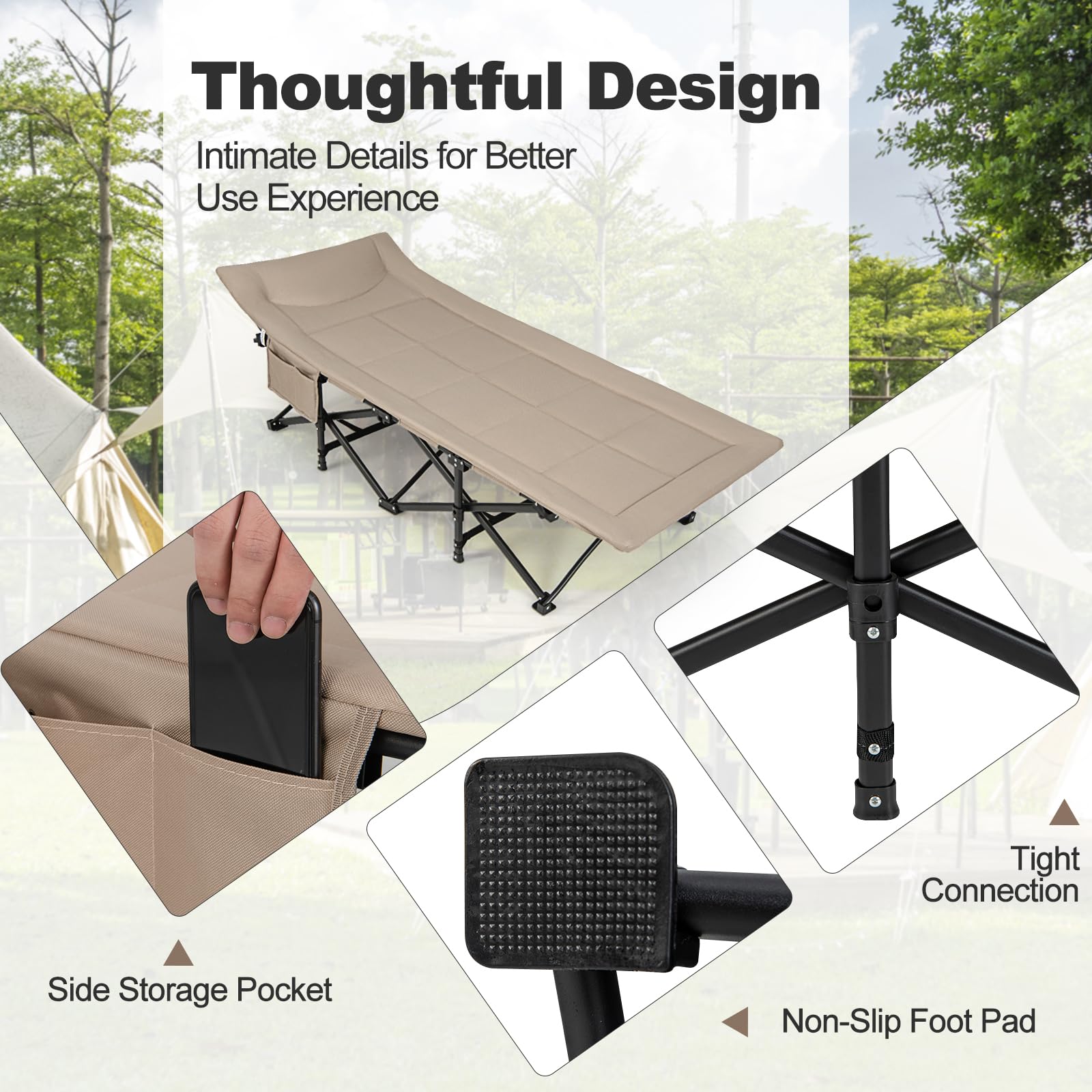 Camping Cot for Adults, Portable Folding Bed for Sleeping with Pad & Pillow Lightweight Tent Cot with Carry Bag