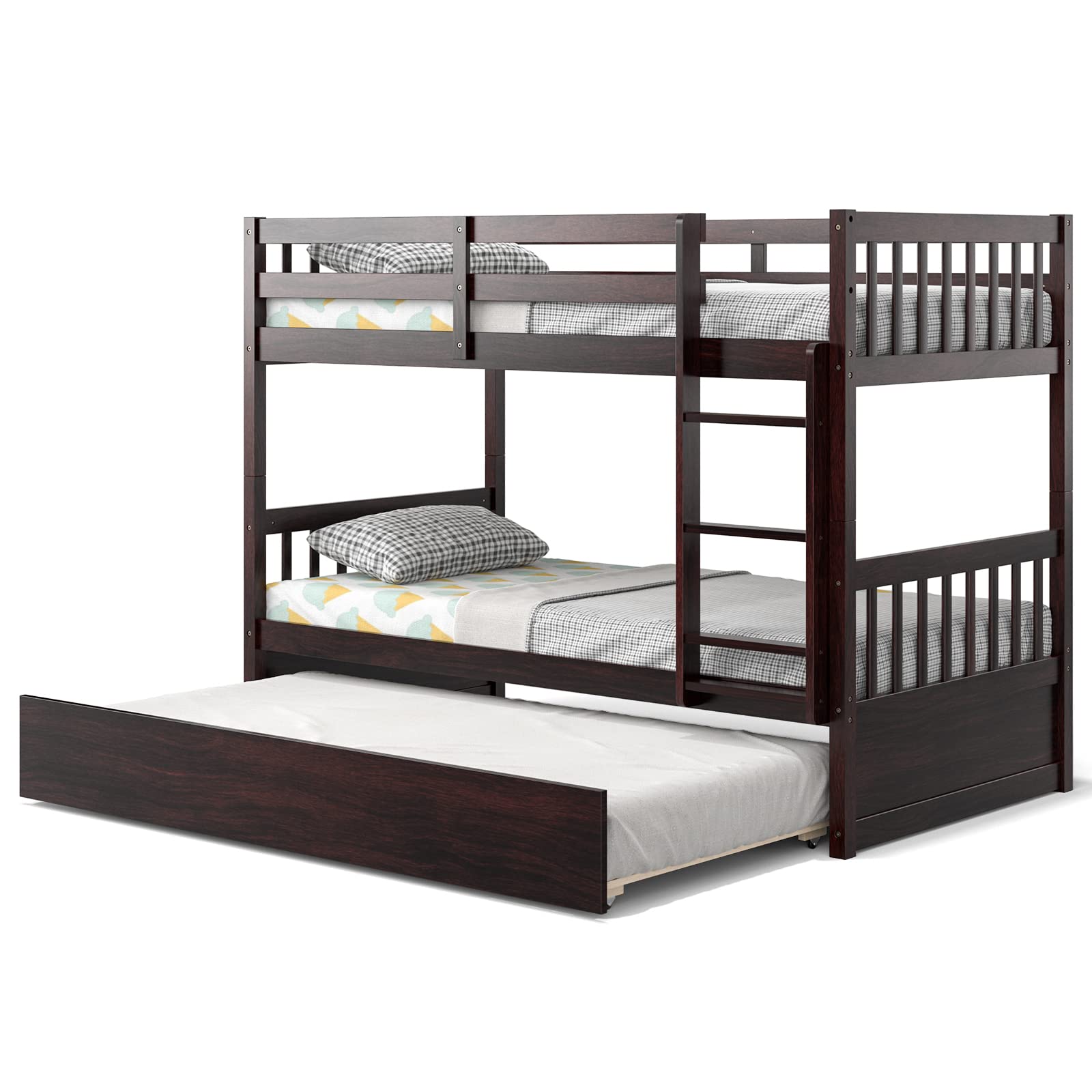Twin Over Twin Wood Bunk Bed with Trundle, 2-in-1 Convertible Bunk Bed with Ladder & Solid Wood Frame