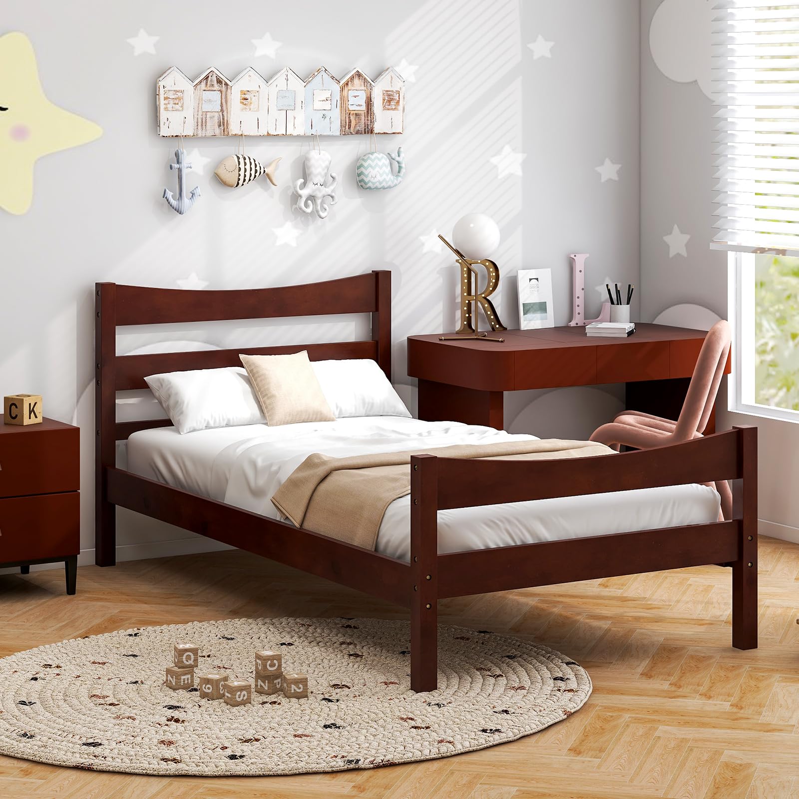 Twin Size Wood Bed Frame, Rustic Style Platform Bed w/Headboard & Footboard