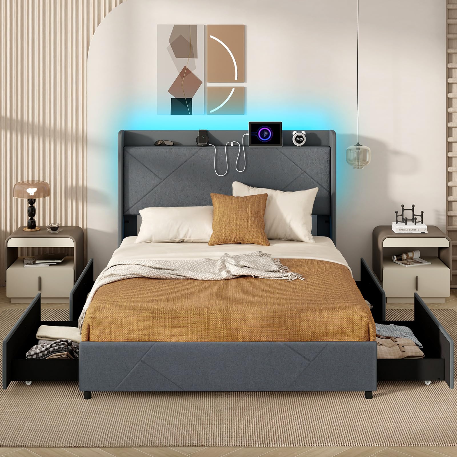 Upholstered Bed Frame with 4 Storage Drawers & LED Lights, Wingback Headboard & Charging Station