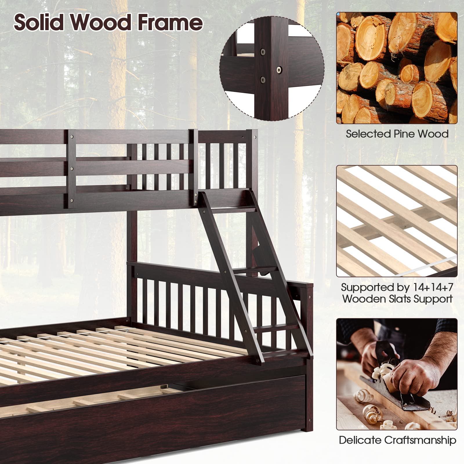 Wood Twin Over Full Bunk Bed with Solid Pine Wood Frame