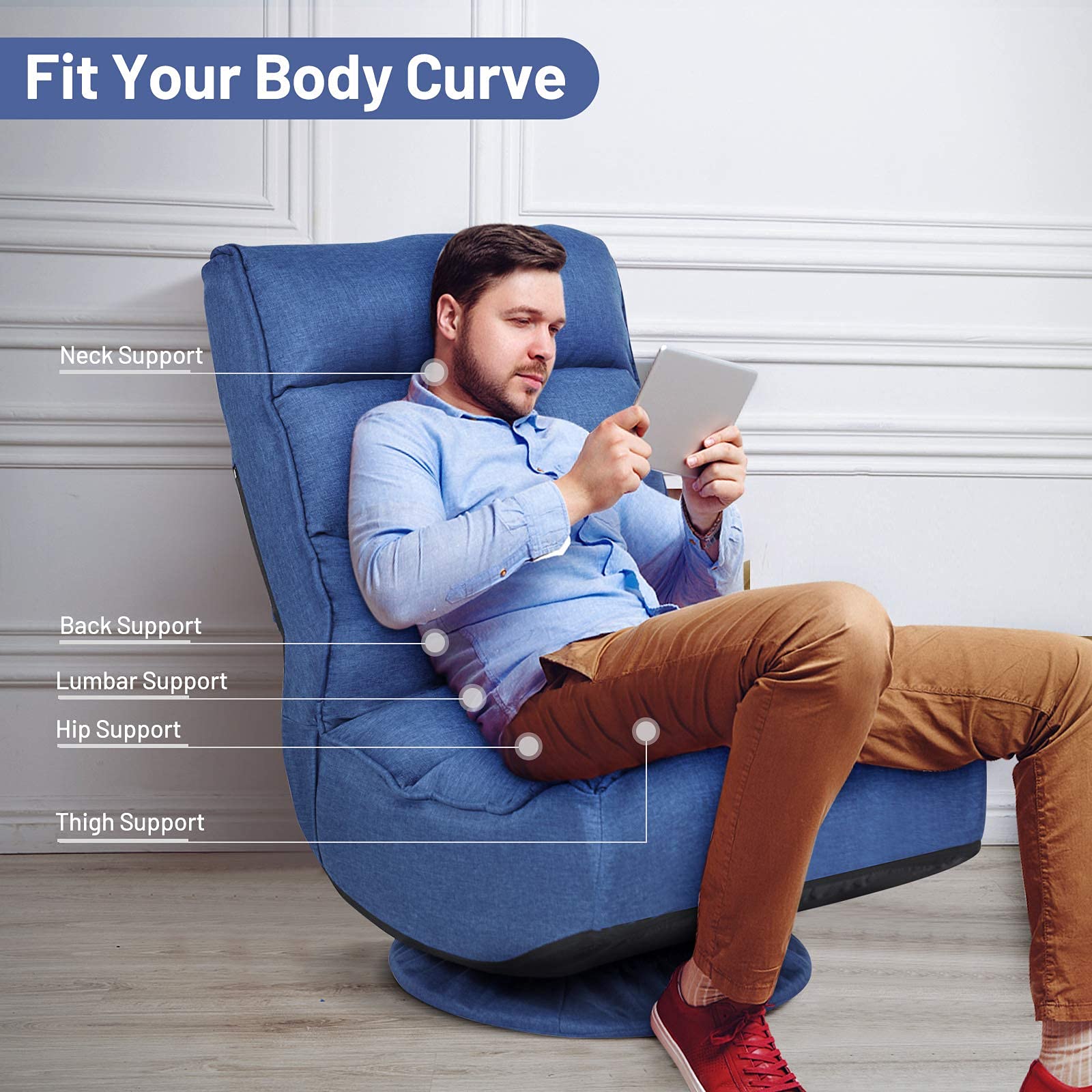 360 Degree Swivel Gaming Chair, 6 Position Adjustable Folding Floor Chair