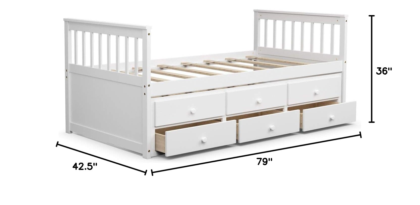 Twin Size Wooden Captain Daybed with Trundle and 3 Storage Drawers