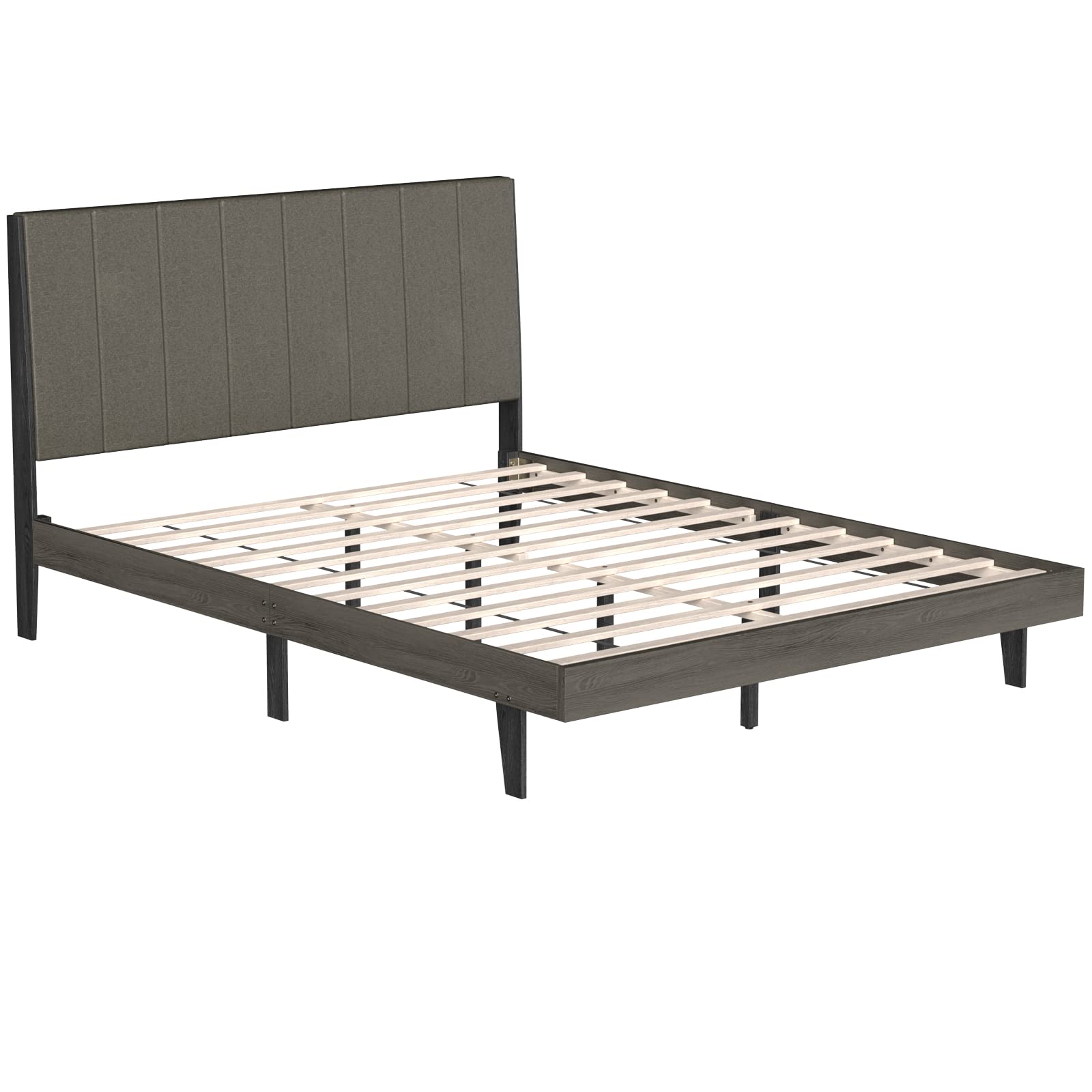 Upholstered Bed Frame, Wooden Slats Support, Queen Mattress Foundation with Tufted Headboard