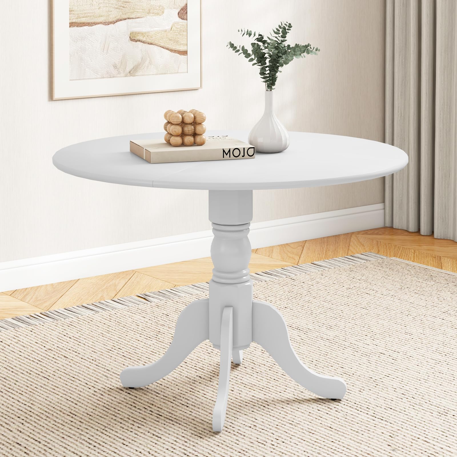 Wood Round Dining Table for 4 People with Round Tabletop & Curved Trestle Legs